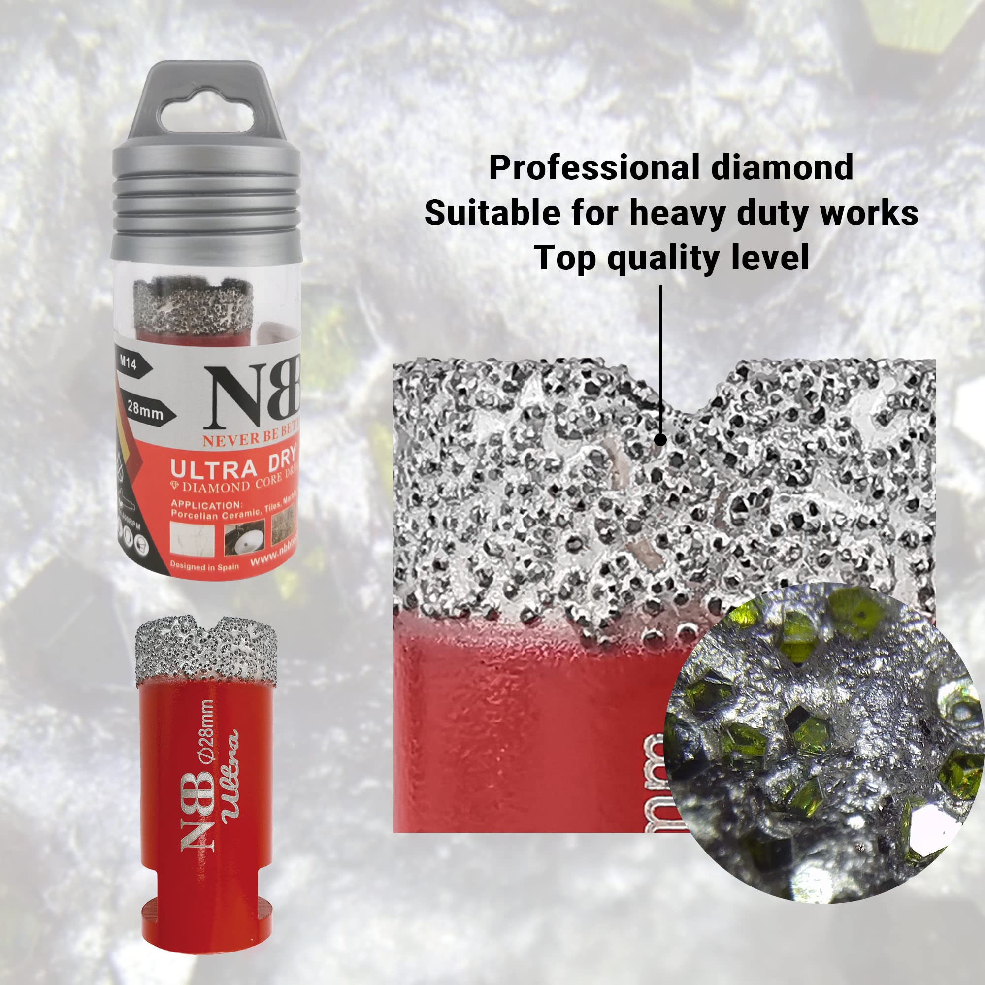 NBB Broca de diamante ultra calidad con M14, corona diamante para taladrar en seco y en húmedo en porcelana dura, cerámica, baldosas, granito, mármol, azulejo, para Amoladora Angular (1, 28mm)