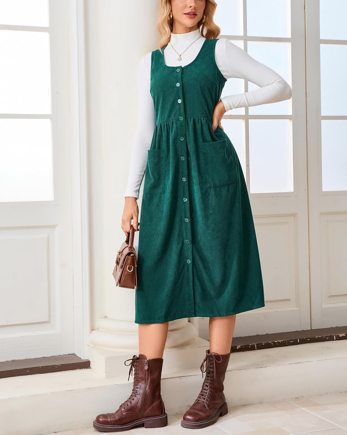 Women's Corduroy Overall Floral Midi Dress Sleeveless Button Front Fall Winter Casual Jumper Tank Dress - Image 6