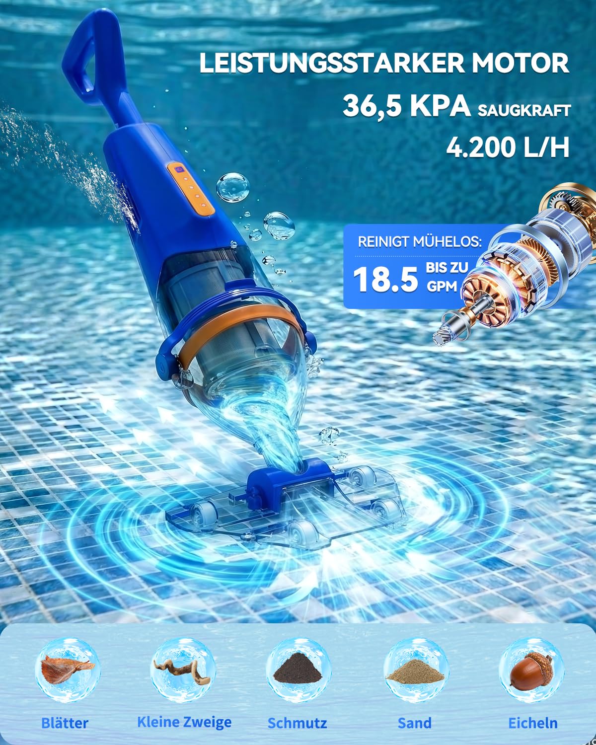 Aspirapolvere per piscina a batteria con telecomando sul manico telescopico, senza fili, con asta telescopica da 176 cm, durata di 75 minuti, potenza di aspirazione 4200 l/h, 2 testine di aspirazione