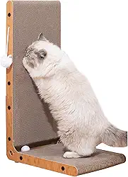 Megidok Arranhador para gatos, 68 cm em forma de L, tábua vertical para arranhar gatos, almofada para arranhar gatos de papelão com brinquedo de bola, arranhadores de parede para gatos em ambientes