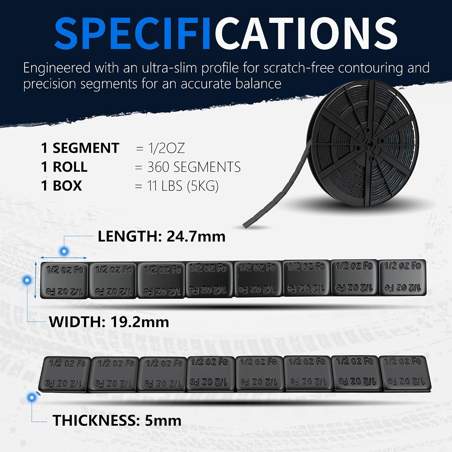 1/2OZ 360pcs, 11lbs/Roll Black Adhesive Stick on Wheel Weights for Dealership Workshops & Garages, Low Profile OEM Quality Tire Balancing Weights for Cars Trucks SUVs Motorcycles RC Cars