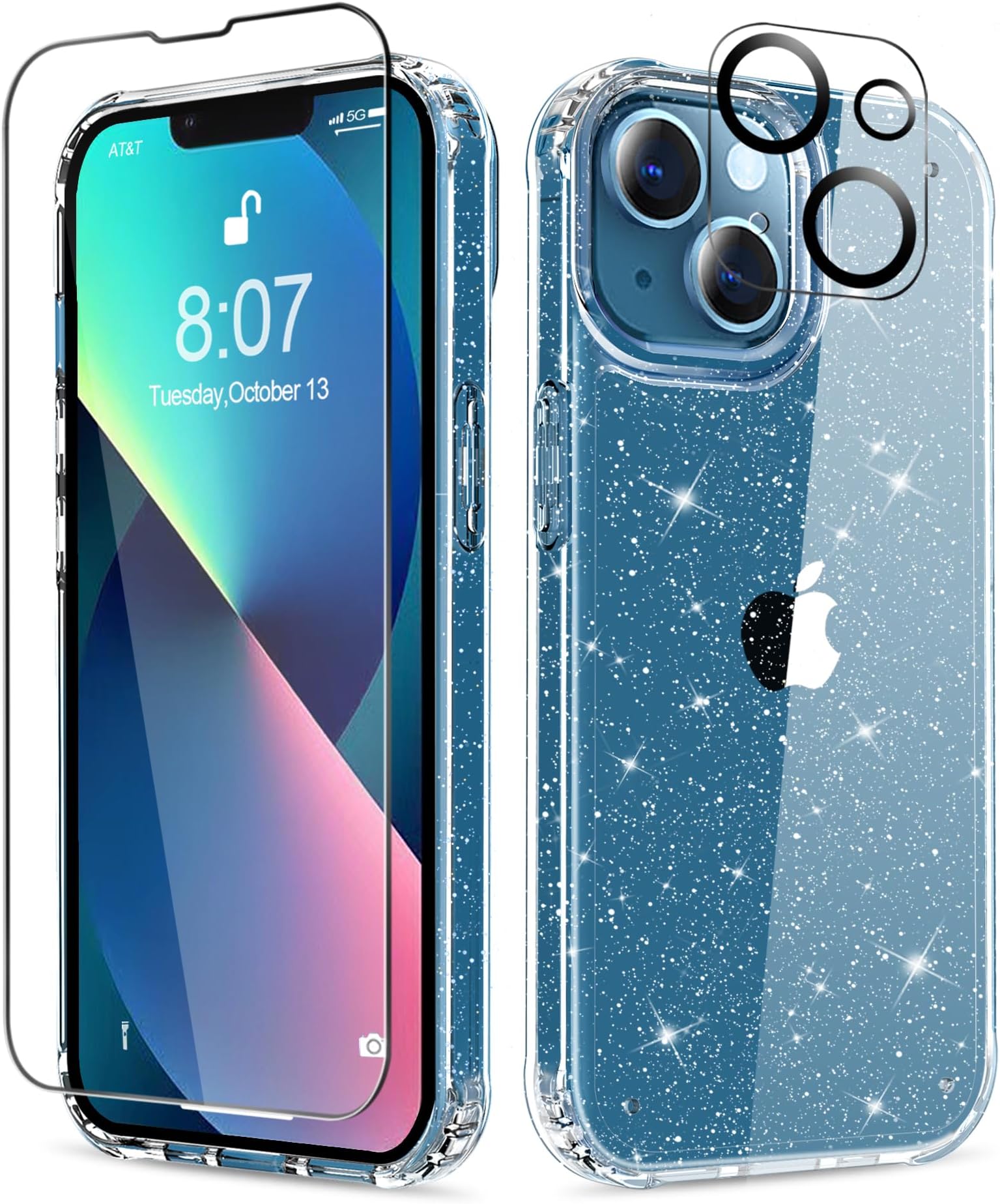 MIODIK Compatible with iPhone 13 Case with Screen Protector + Camera Lens Protector, Clear Glitter Shockproof Protective Phone Case, Slim Women Girls iPhone 13 Cover 6.1 inch - Sparkle Clear