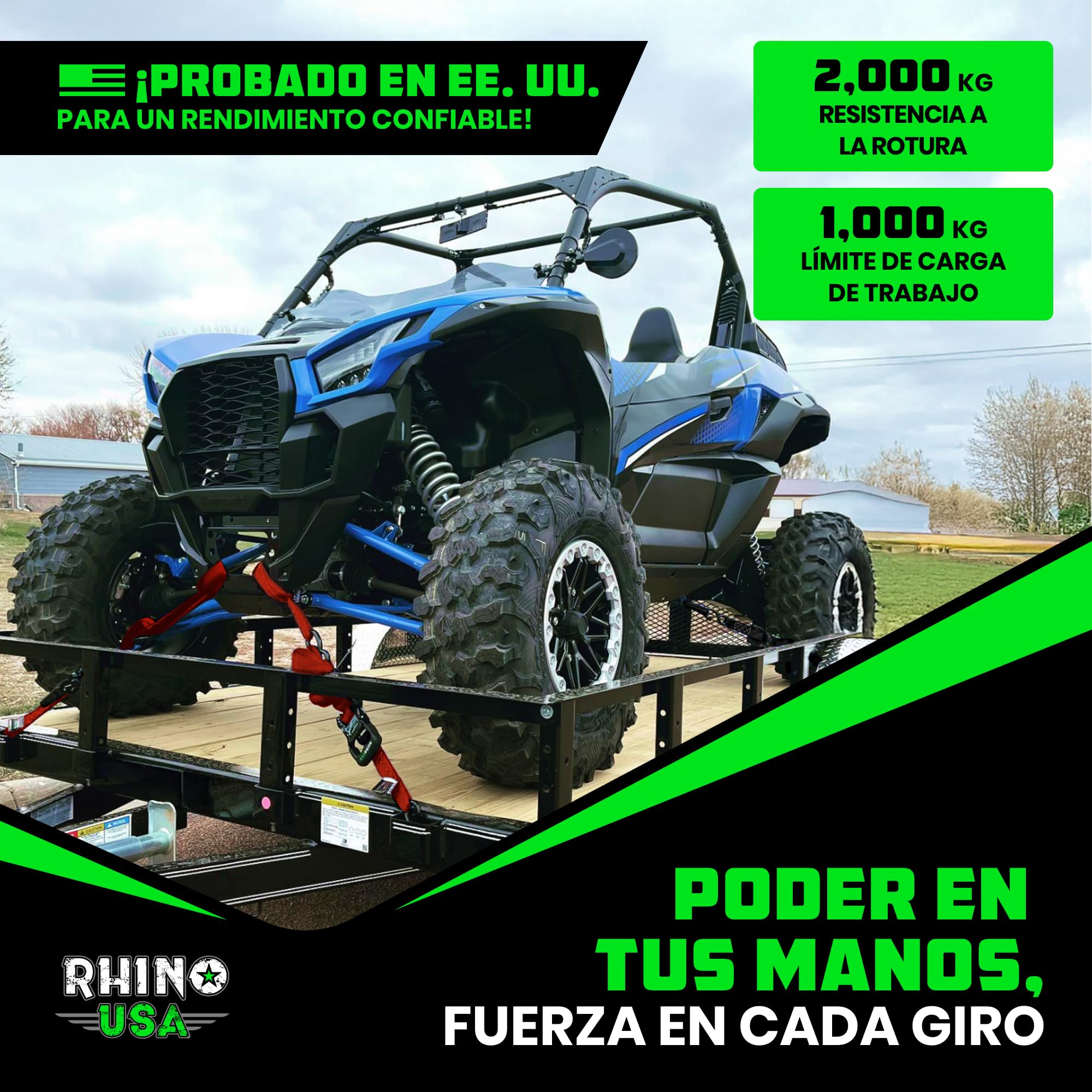 Kit de Correas de Trinquete Rhino USA Heavy Duty (Paquete de 4) - 4 cm x 2.4 m (2,000 kg de Resistencia de Rotura) - Correas de Amarre con Ganchos en S de Seguridad para ATV, UTV, Carga y Más - Rojo