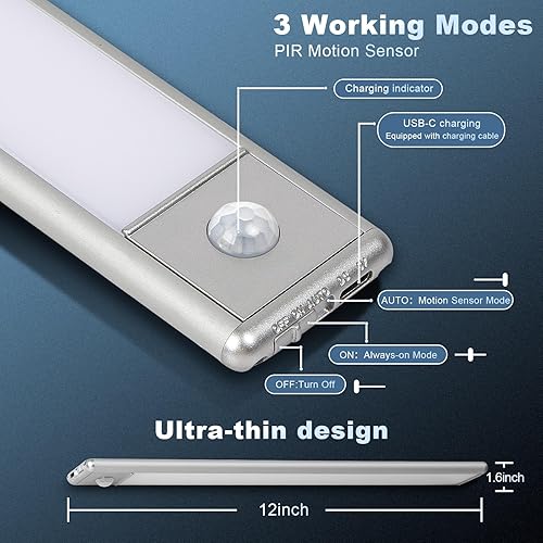 Miniatura 3 de Paquete de 2 lámparas LED con sensor de movimiento de 63 luces LED para debajo de la encimera, magnética, recargable, armario, escalera, estante,