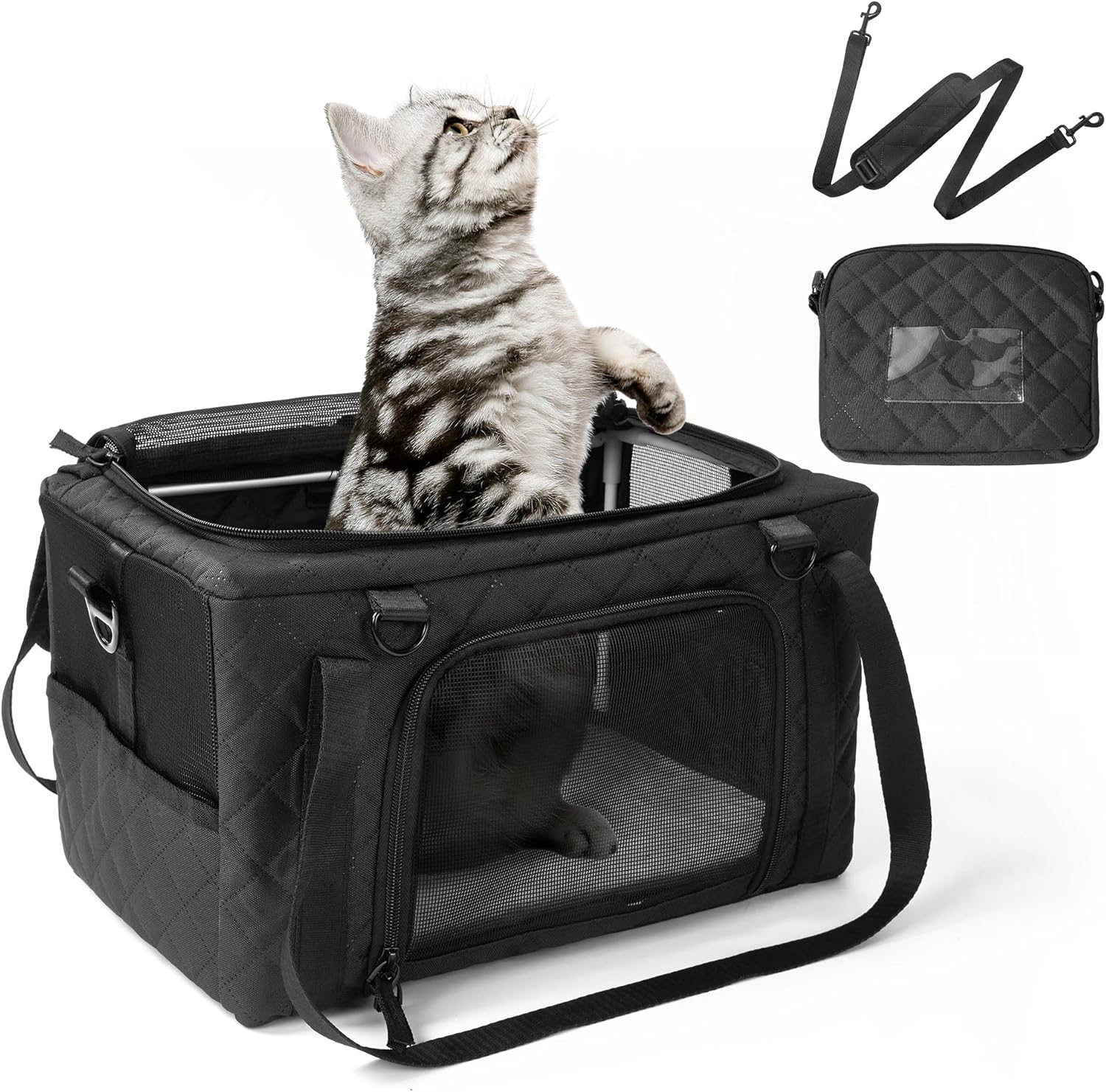 PETUX Small Pet Carrier Airline Approved, 16″x10″x9.5″ Portable Cat Travel Carrier for Small Cats Up to 12 Lbs, Top Open Collapsible Cat Carriers with Anti-Scratch Mesh, Storage Pocket ＆ Leash (Black)