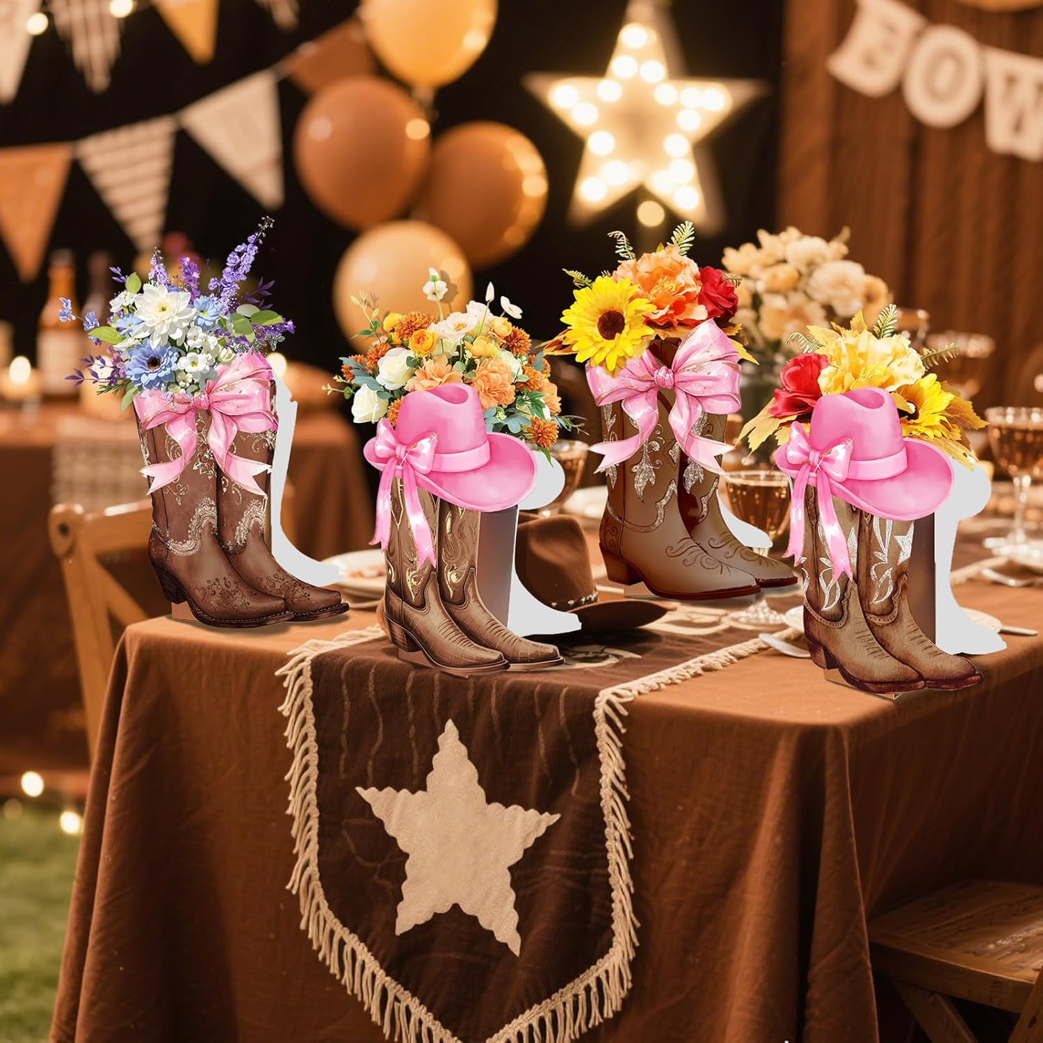 Western Cowgirl Boot Centerpieces for Tables: 12pcs Brown Cowgirl Bow Boots Flower Boxes for Western Cowboy Party Decorations for Western Cowgirl Birthday Wedding Bridal Baby Shower Bachelorette Party
