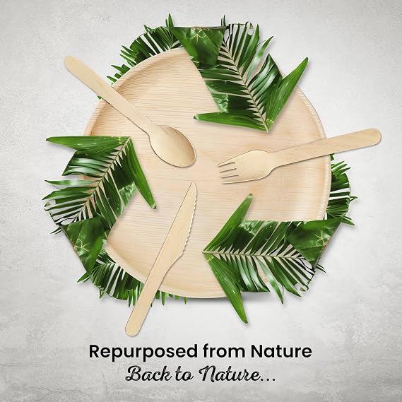 Eco Leaf 100pcs Disposable Palm Leaf Plates and Wooden Cutlery Set – 25 Large Round Plates, 25 Forks, 25 Knives, 25 Spoons – Eco-Friendly, Biodegradable, Perfect for Parties, Events, and Catering