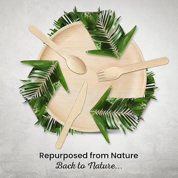 Eco Leaf 100pcs Disposable Palm Leaf Plates and Wooden Cutlery Set – 25 Large Round Plates, 25 Forks, 25 Knives, 25 Spoons – Eco-Friendly, Biodegradable, Perfect for Parties, Events, and Catering