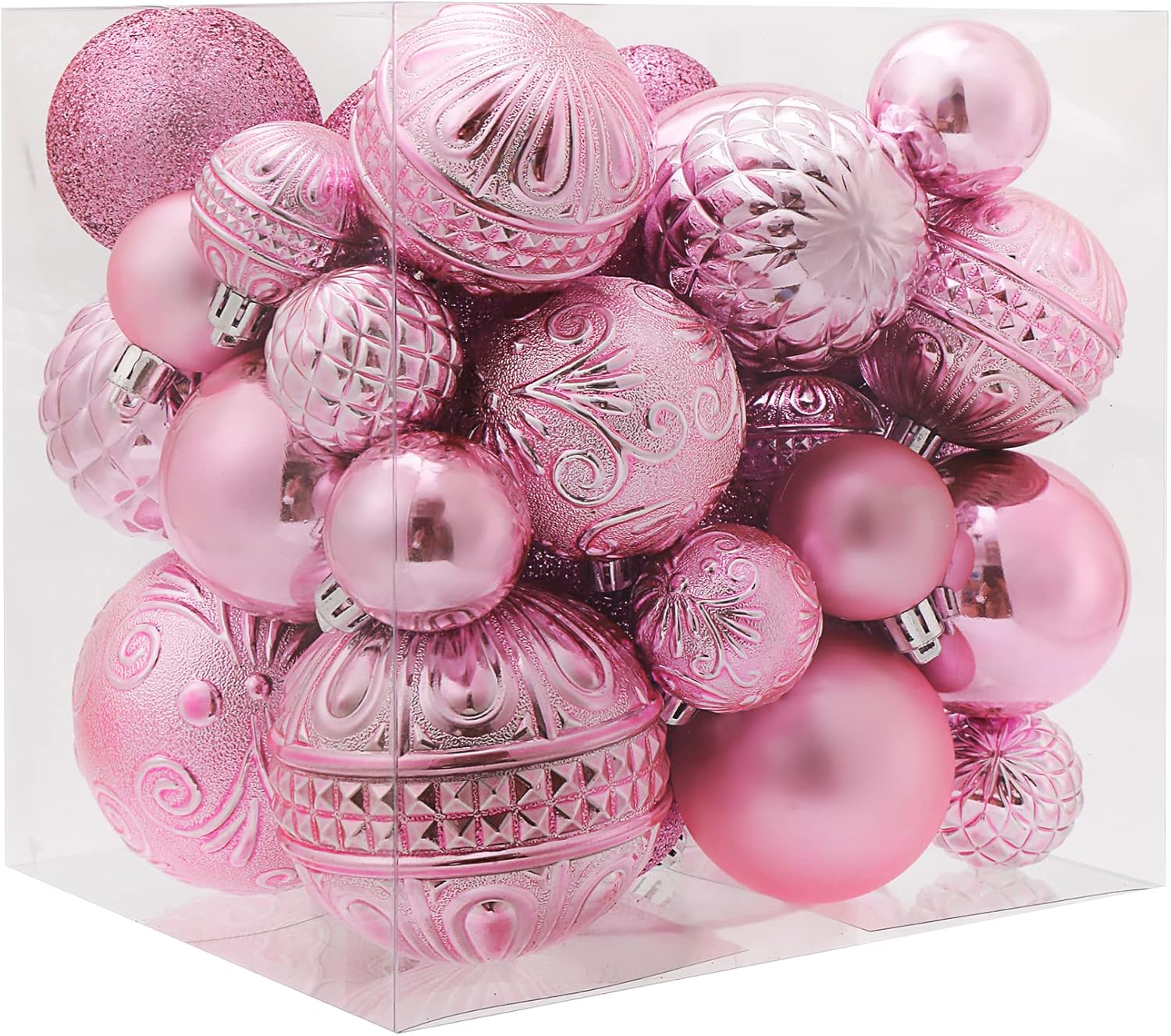 Christmas Ball Ornaments Pink Christmas Tree Decorations with Hang Rope-36pcs Shatterproof Christmas Ornaments Set with 6 Styles in 3 Sizes(Small Medium Large)