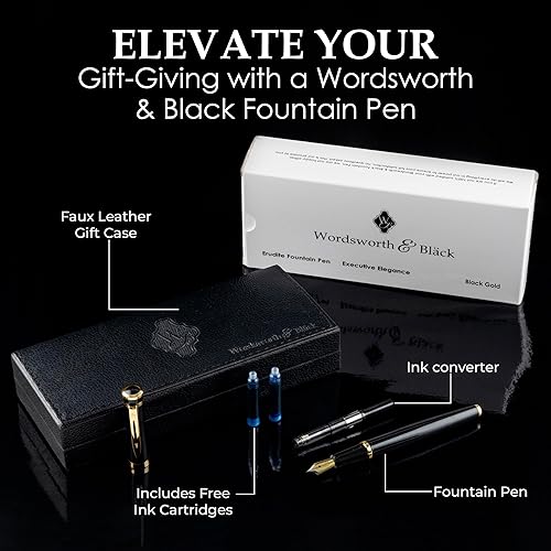 Miniatura 3 de Wordsworth & Black Juego de pluma estilográfica oro negro, punta extrafina, incluye tinta de bolígrafo de 1.7 fl oz negro, 24 cartuchos de tinta,