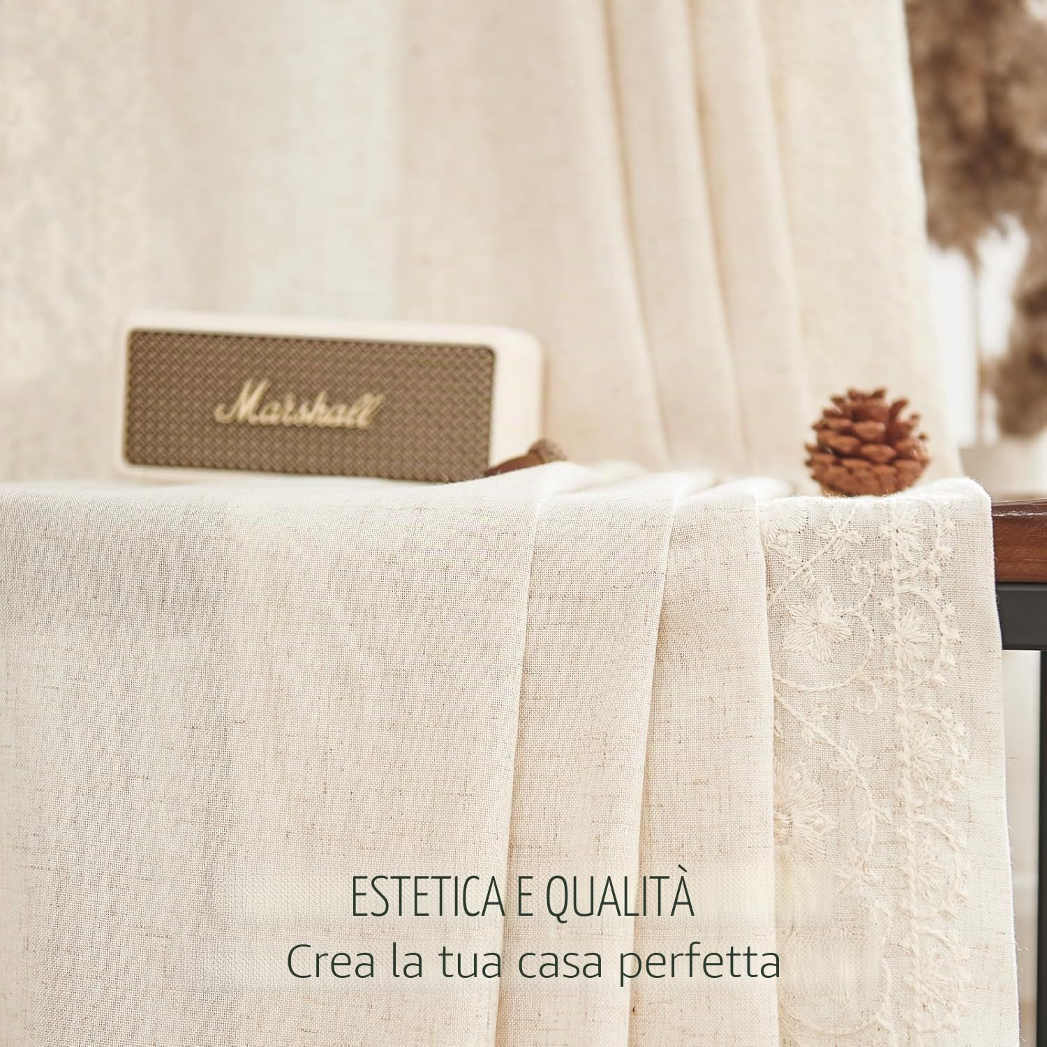 Vangao Tende per Interni in Misto Lino Beige Naturale Tenda Camera Da Letto Ricamata per Finestre Soggiorno Moderne 140 x 245 cm 2 pezzi in stile bohemien per casa Ufficio bambini cameretta