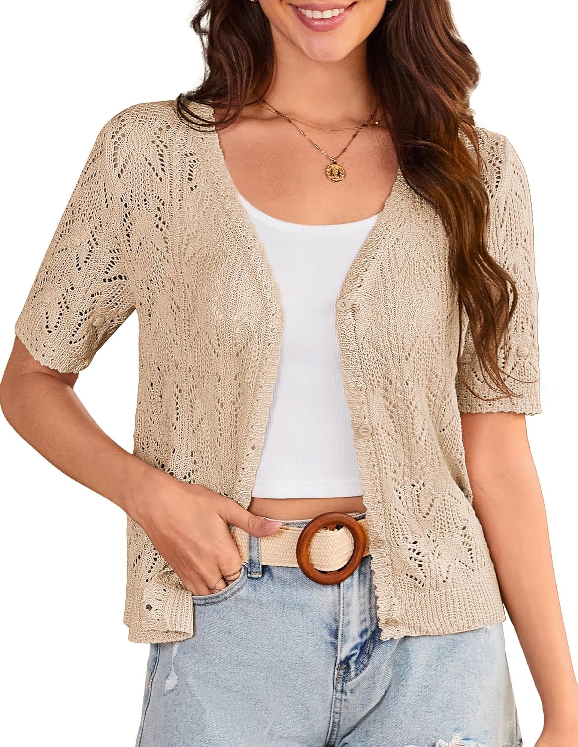 GRACE KARIN 2025 Women's Short Sleeve V Neck Cardigans Sweaters Open Front Knit Crochet Button Bolero Shrugs Tops