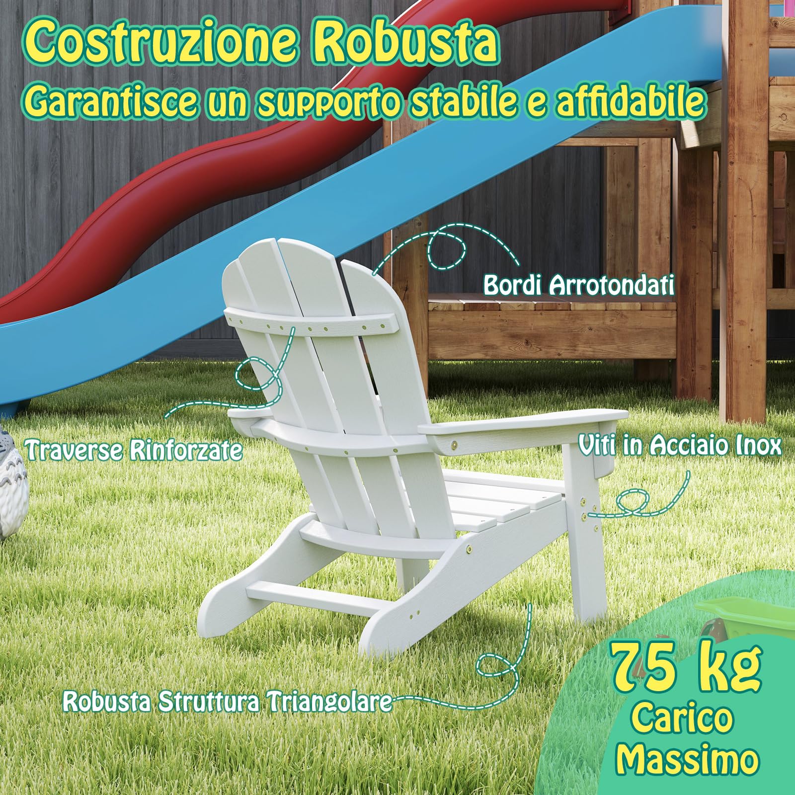 COSTWAY Sedia Adirondack per Bambini da Giardino, Sedie Ergonomica in HDPE con Schienale Inclinato e Braccioli, Poltrona per Interno ed Esterno, per Bambini 3 a 8 Anni, 52 x 53,5 x 64 cm (Bianco)