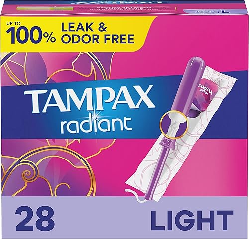 Tampax Tampones radiantes de absorción de luz con aplicador de plástico sin BPA y trenza LeakGuard, sin perfume, 28 unidades x 3 paquetes (84