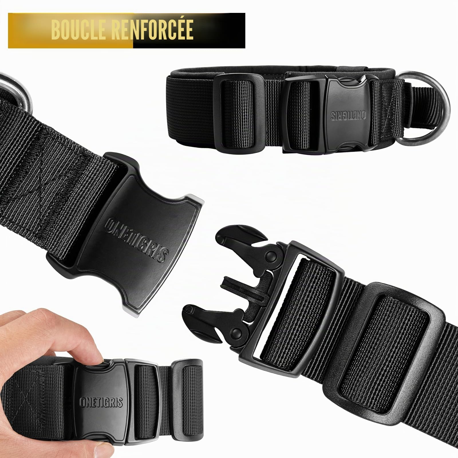OneTigris Collier pour Chien avec Boucle en métal pour Chien - Noir XL