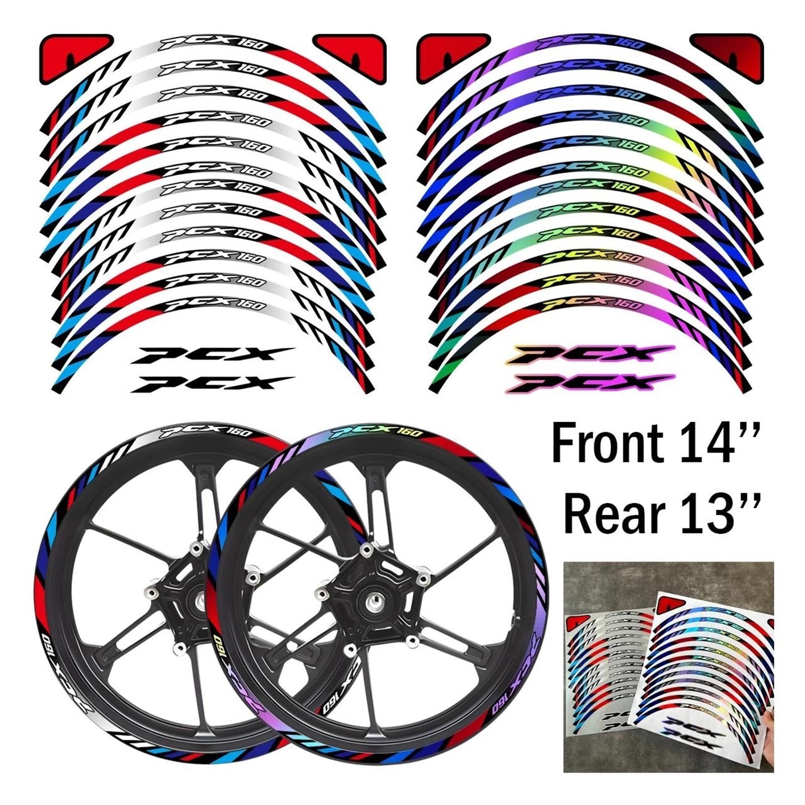 do PCX160 PCX 160 Przód 14″ Tylny 33″ Laser/Odblaskowe Naklejki na piastę Koła Moto Skuter Felgi Akcesoria (Projekt C)