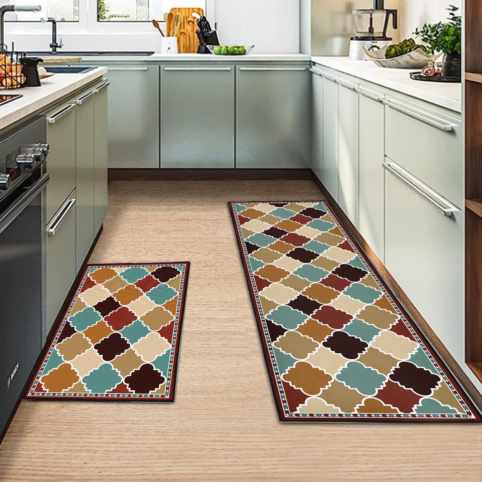 MIQEBX Kitchen Rug 2 Piece Set,Non-Slip Absorbent and Washable Runner Rug,Geometric Kitchen Floor Mat for Kitchen, Home, Office, Sink, Laundry (D, 40x120cm+40x60cm) — image 1