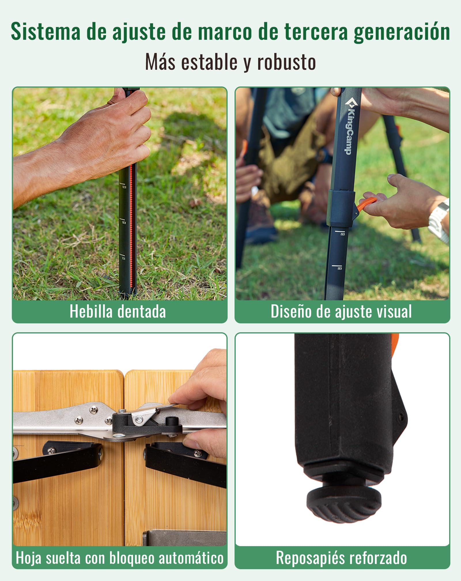 KingCamp Mesa de Camping de bambú, 100 x 70 cm, Mesa Plegable de Mesa de Comedor, Altura Ajustable, Marco de Aluminio para Camping al Aire Libre