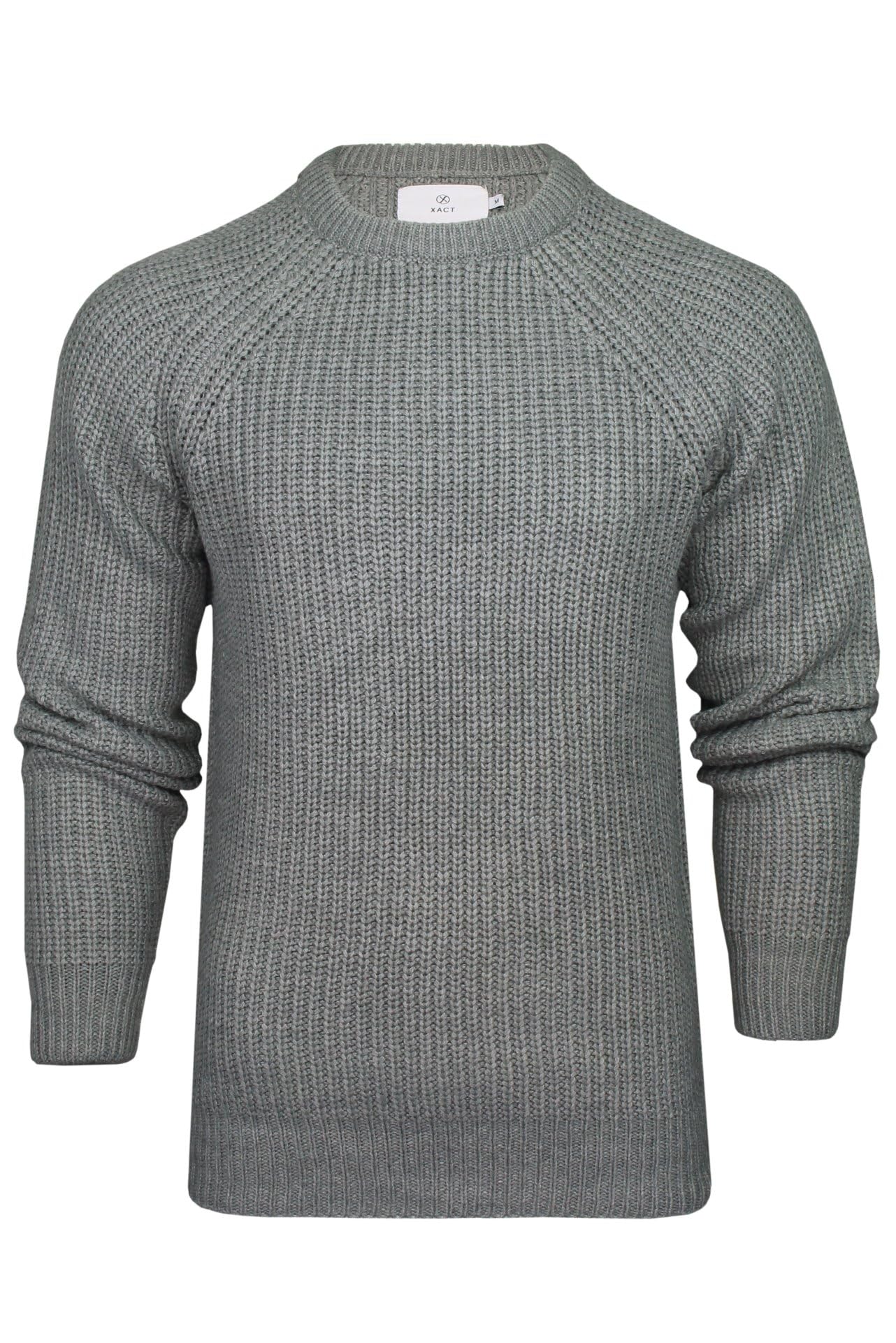 Xact Men's Mid Grey Marl Chunky Fisherman Knit Jumper, Crew Neck, Raglan Sleeve (Mid Grey Marl) Xxl