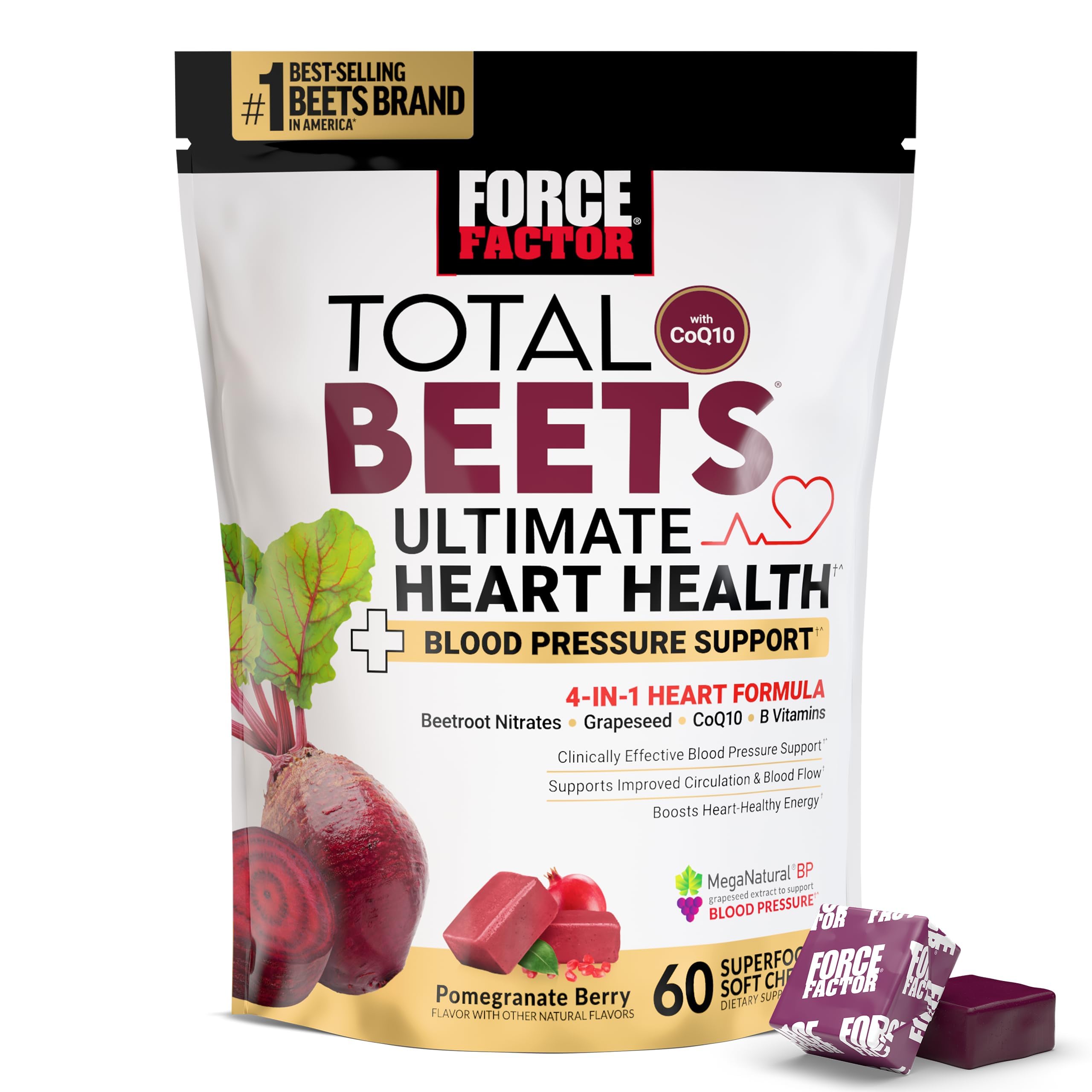 Force Factor Total Beets Ultimate Heart Health for Blood Pressure Support | with Beet Root Powder, CoQ10 for Nitric Oxide & Energy, Clinically Studied
