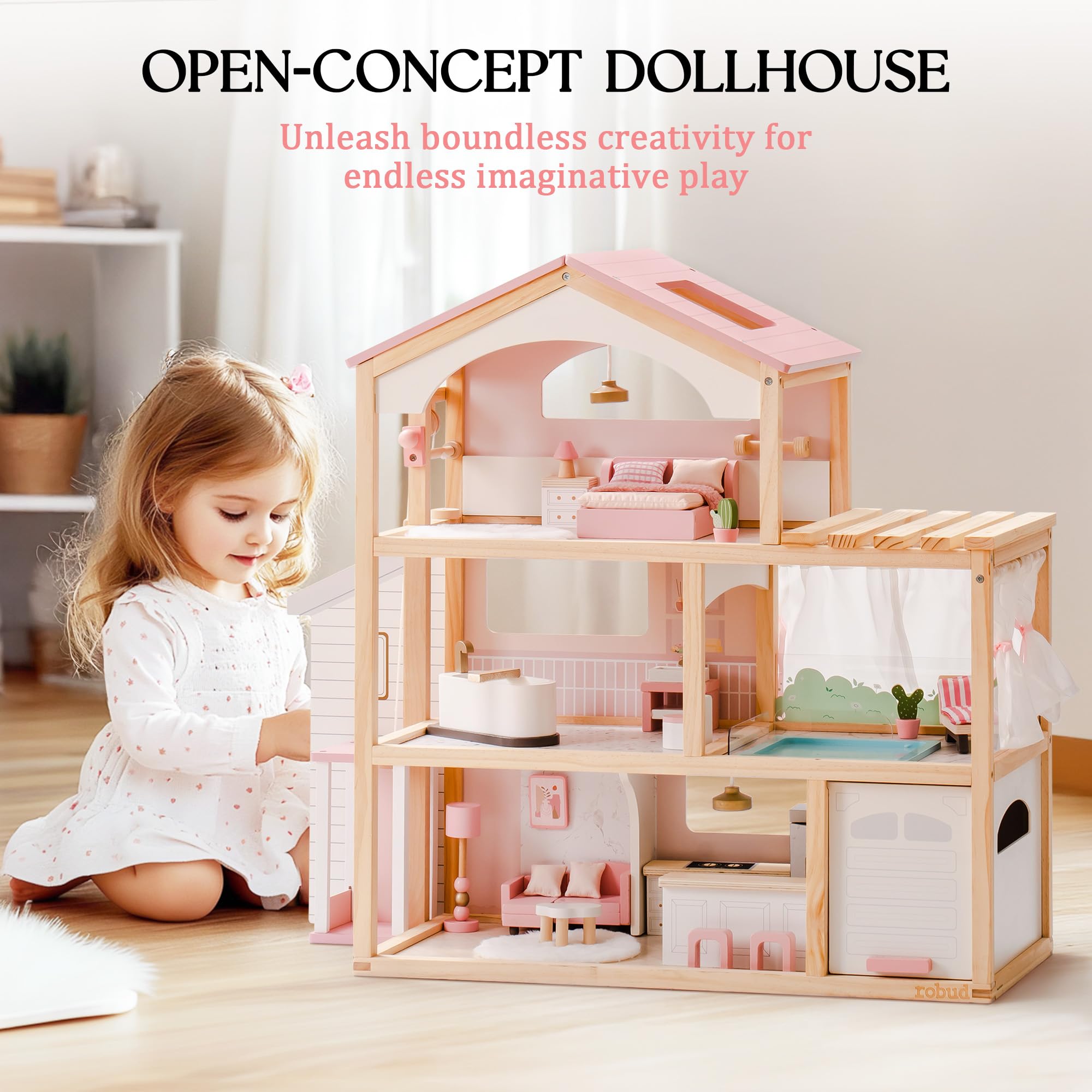 ROBUD Puppenhaus aus Holz,Puppen-Villa mit Möbel,Mit Aufzug, Garage, Pavillon und Schwimmbad,Geschenk für Kinder ab 3, 4, 5, 6 Jahren und älter,Rosa