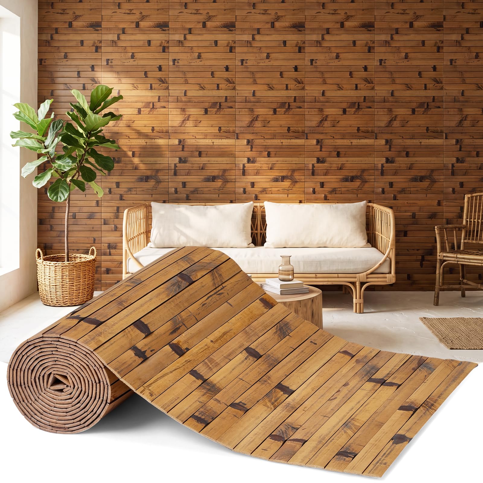 INMOZATA Natural Bamboo Wall Panel Bamboo Pole Wrap Roll for Interior Decor