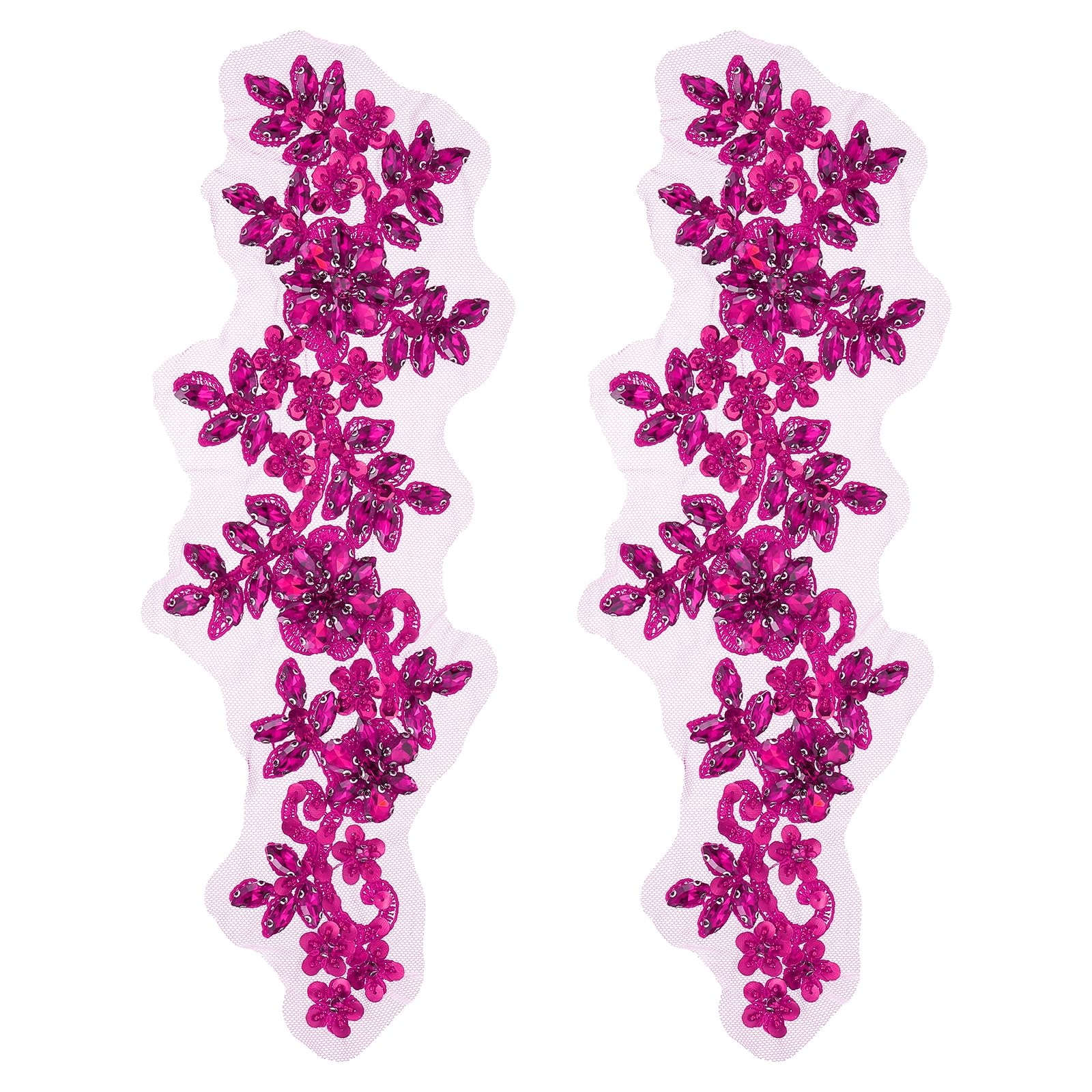 Écusson brodé en dentelle motif floral rouge rose strass paillettes couture robe