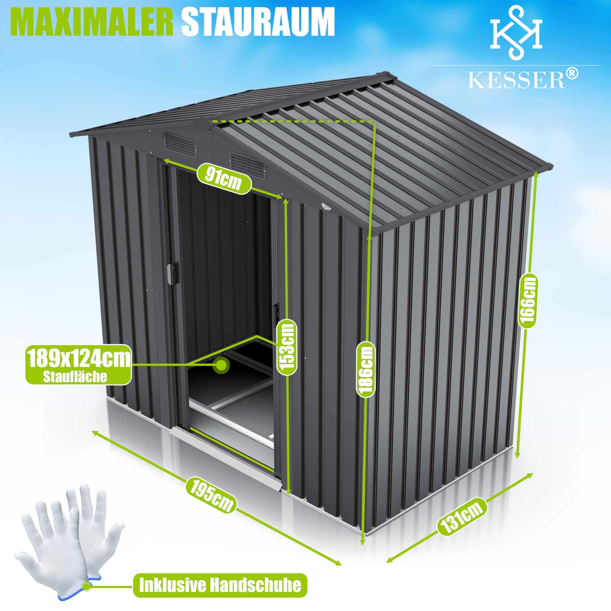 KESSER® XL Metall Gerätehaus 4,2m³ mit Fundament | Inkl. Arbeitshandschuhe | 195x131x186cm | 2X Schiebetür & Fundament | Geräteschuppen | Gartenhaus Schrank | Satteldachdach Garten Schuppen Anthrazit