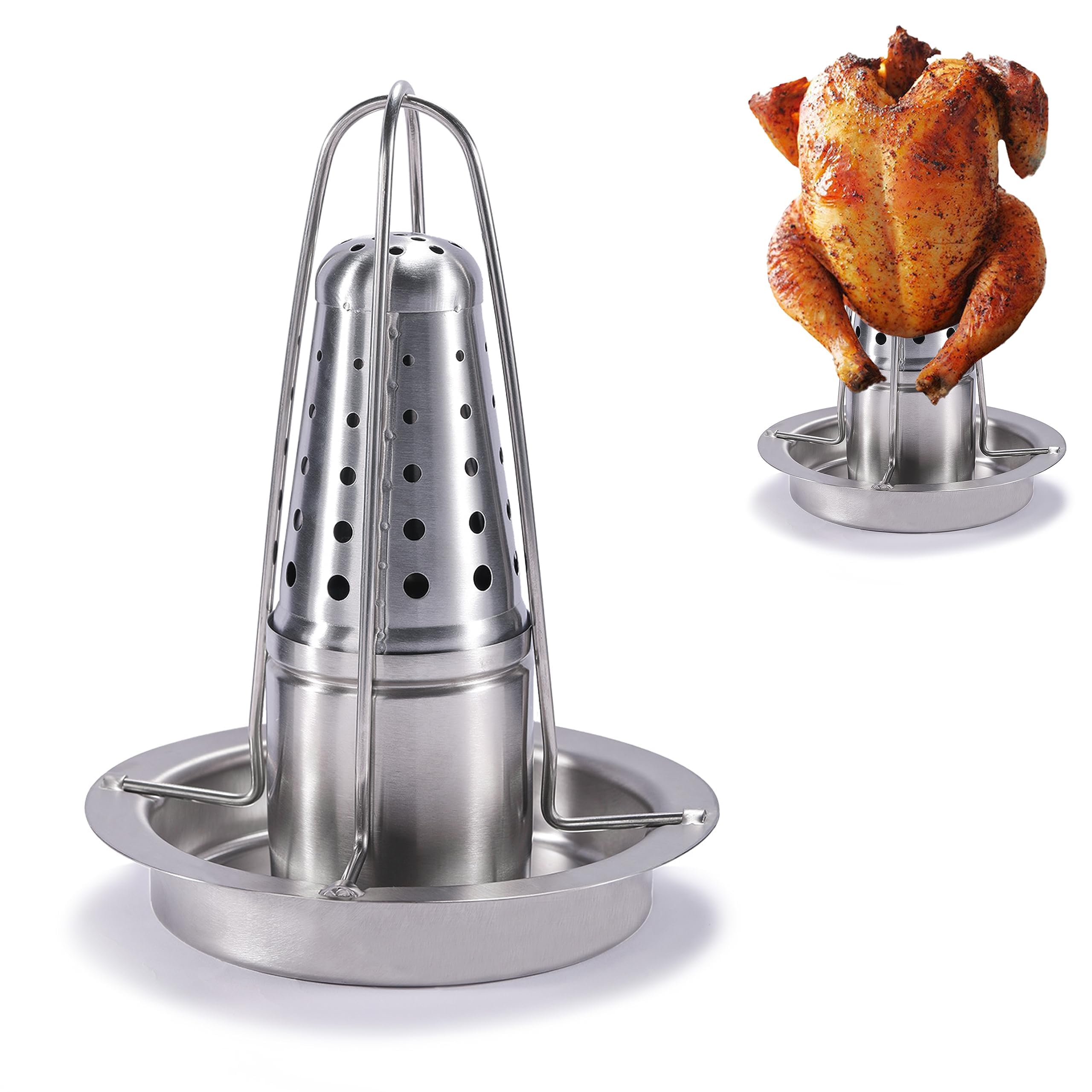 Azonee 1 Pack Deluxe Stainless Steel BBQ Beer Can Chicken Roaster, for Grill and Smoker - Premium Grade Stainless Steel Chicken Holder - Poultry roasters with flavouring Container