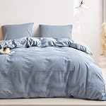 Wake In Cloud - Striped Cotton Duvet Cover Set, Ticking Stripe Pinstripe Farmhouse, 100% Washed Cotton Textured Bedding Set, 3 Pieces, Denim Blue, Full Size