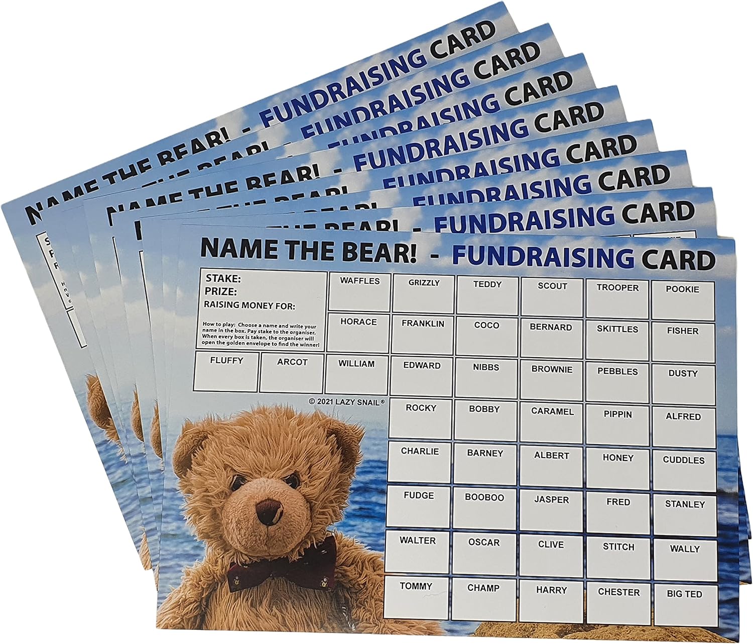 Lazy Snail ‘Name the Bear’ Fundraising Cards, Pack of 8 (A4 Size, 45 Squares per Card), Fun Golden Winner Envelopes - Image 3