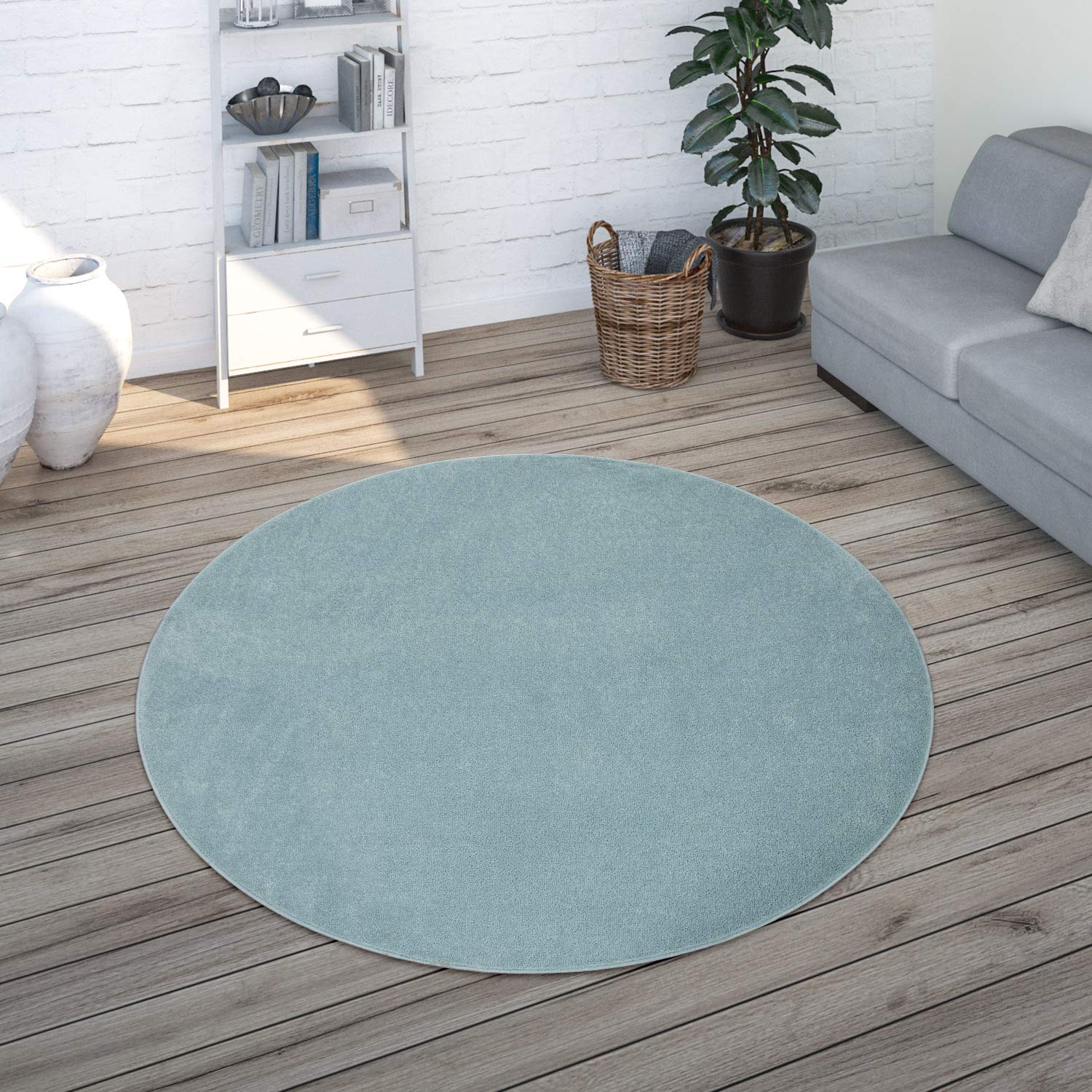 Paco Home Teppich Wohnzimmer Schlafzimmer Esszimmer Kurzflor Moderne Optik Einfarbig Pastell, Grösse:120 cm Rund, Farbe:Türkis