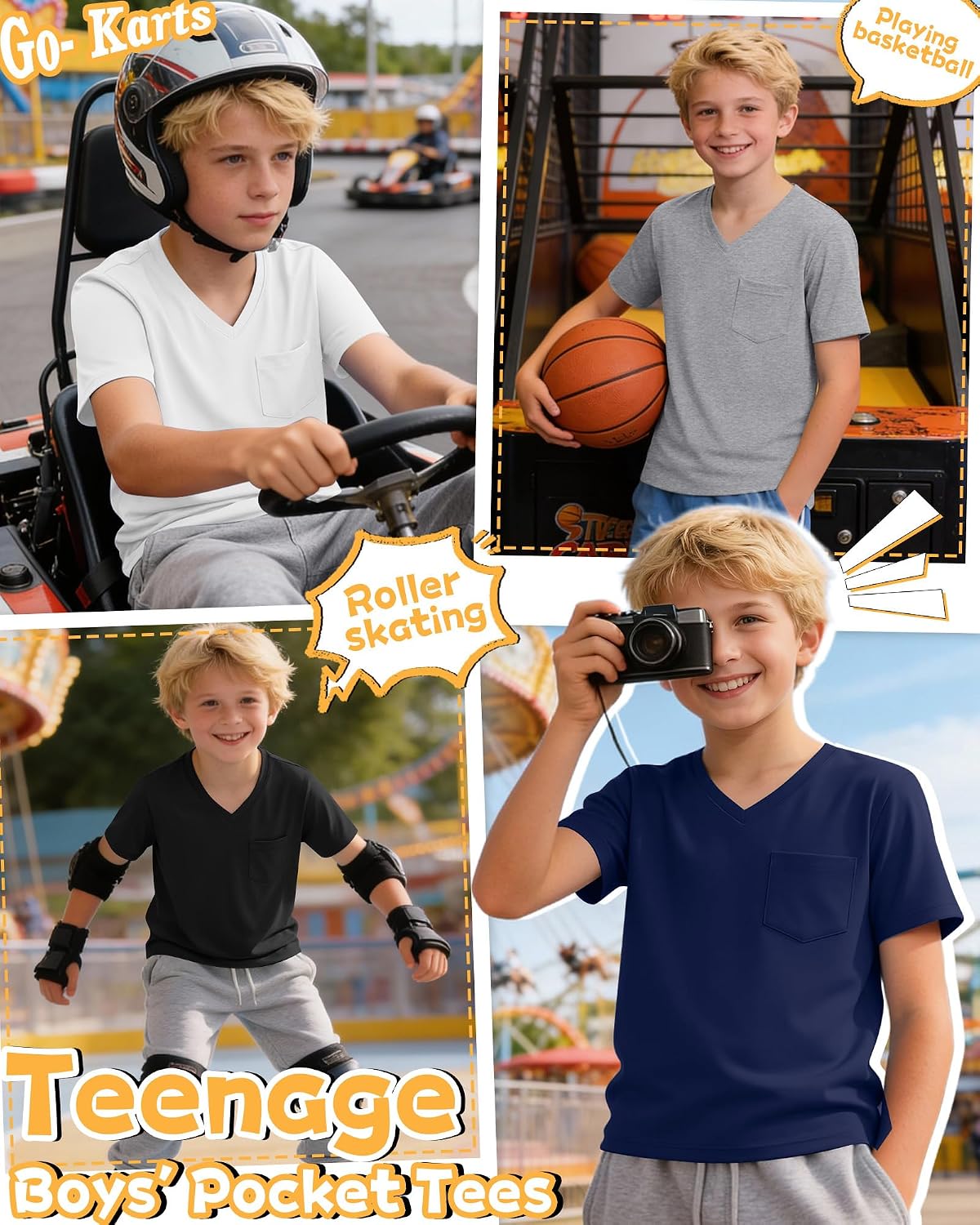 4 Pack Boys' Short Sleeve T-Shirts Pocket V Neck Loose Fit Tops Tween Kids Casual Solid Summer Basic Tees 5-14 Years