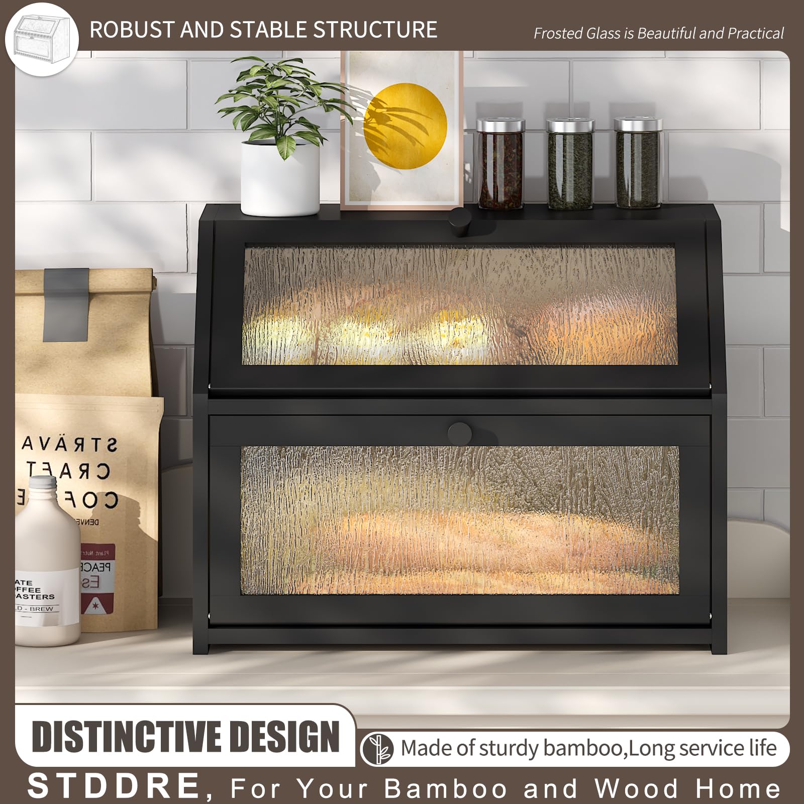STDDRE Panera para encimera de cocina, contenedor hermético de almacenamiento de panera de gran capacidad, caja de pan de granja de doble capa con patrón de árbol y ventana (negro bambú)