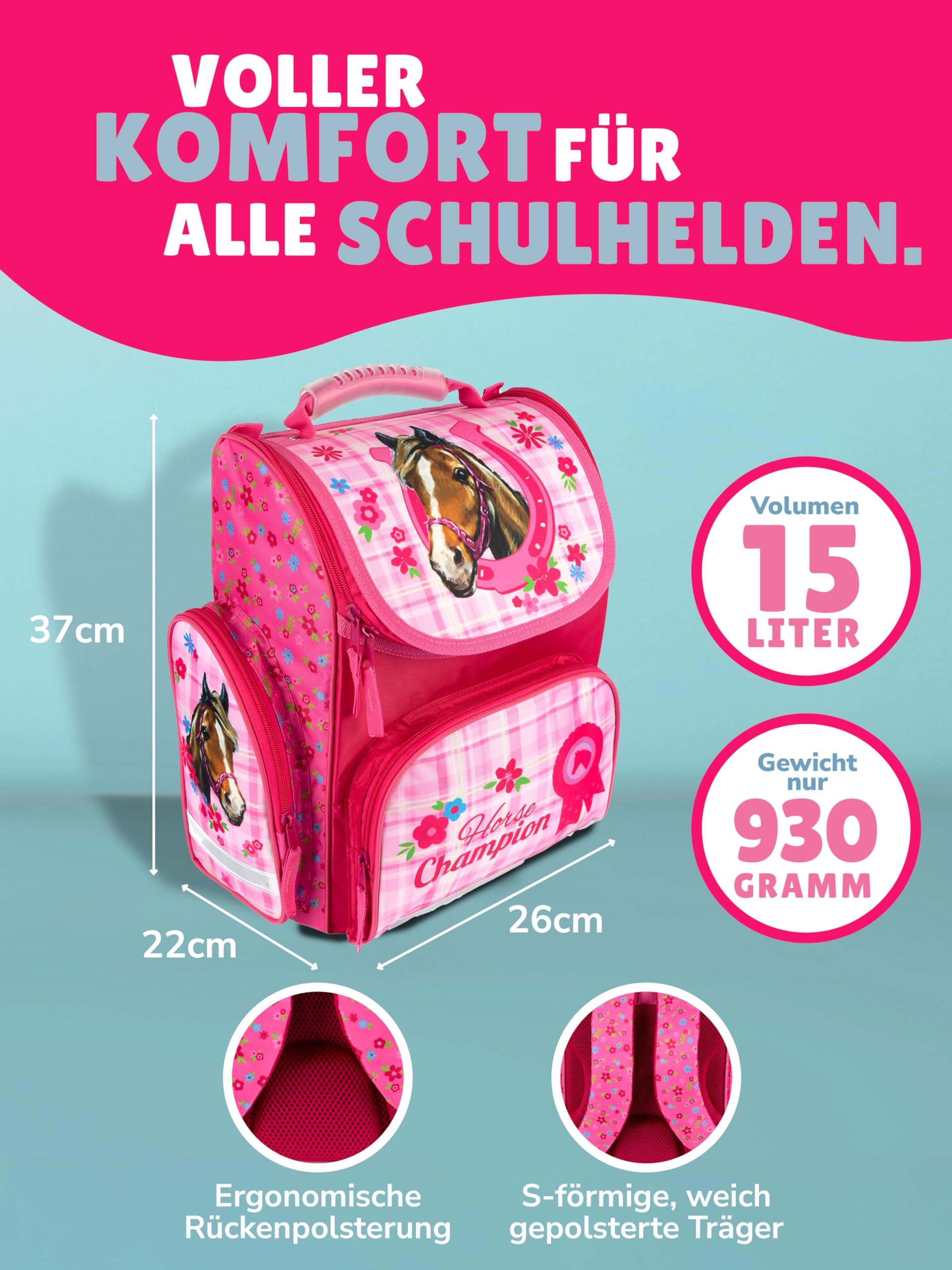Familando - Schulranzen Set CLOU - 9-teilig mit Sporttasche - Pferde - Ergonomisch, stabil & mit gepolstertem Rücken - 930g leicht - 15L Volumen - Mit Reflektoren - Für Grundschule ab 1. Klasse