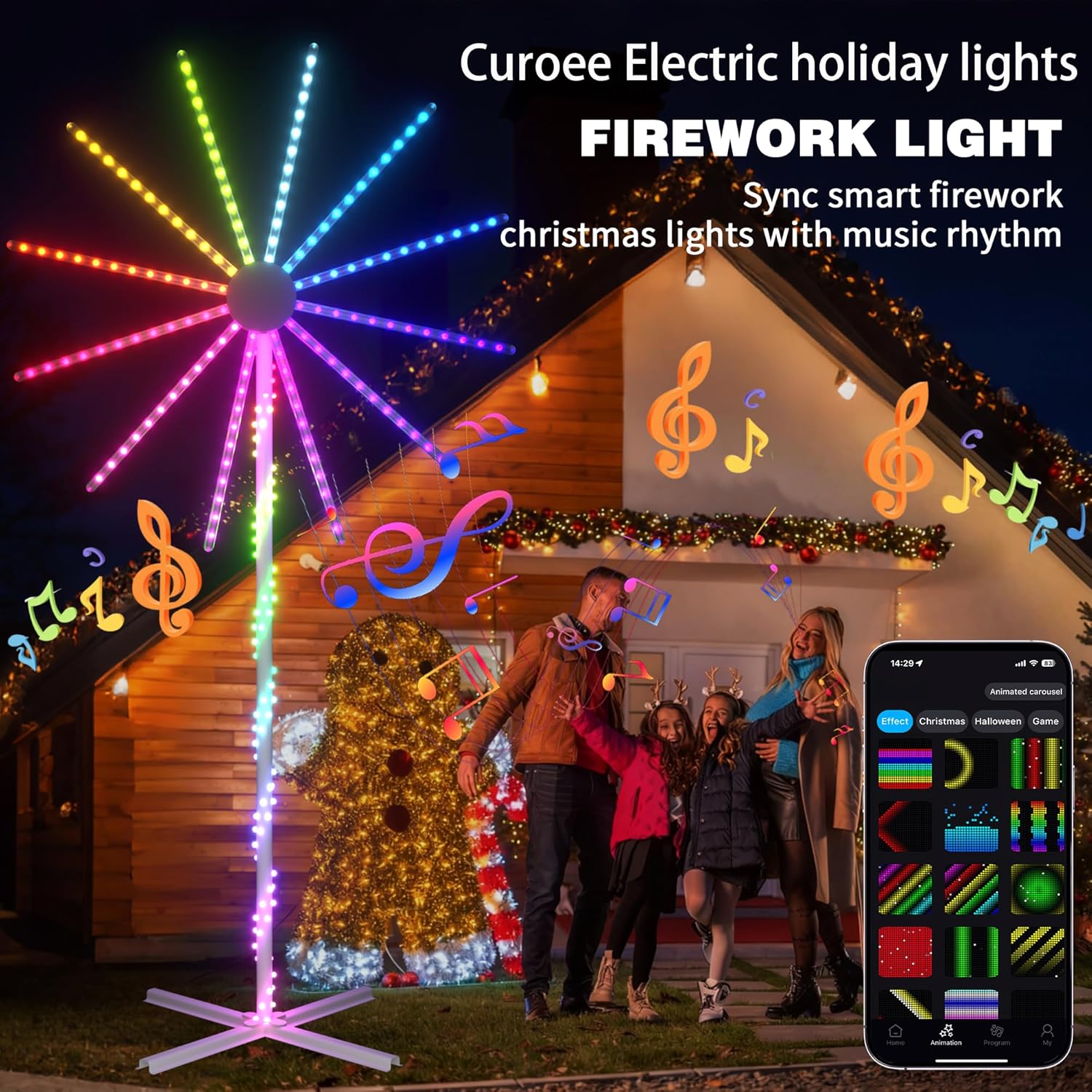 Christmas LightShow Set, 66ft Permanent Outdoor Lights, Smart Curtain Lights, LED Firework Light, Pathway Light App Control & Music Sync for Party Wedding Christmas Decorations Gifts