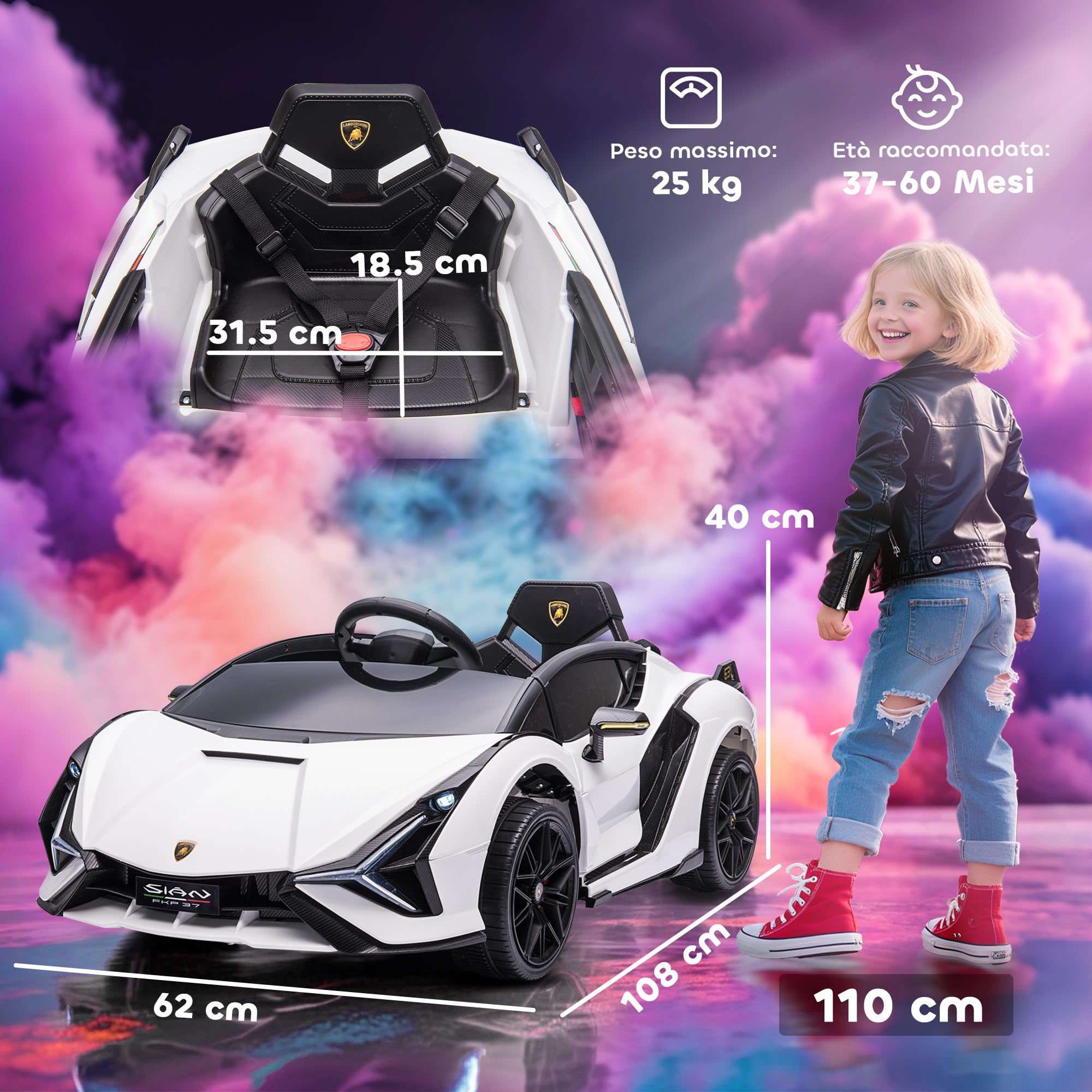 HOMCOM Macchina Elettrica per Bambini 3-5 Anni 12V Lamborghini SIAN, 3-5km/h Auto Elettrica per Bambini con 2 Motori, Fari e Musica, Telecomando, Cintura e Clacson, Bianco