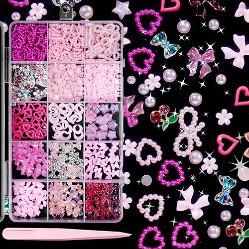 Dijes para caja de basura, dijes de uñas 3D y gemas, lazos de mariposa de color rosa, flores diminutas de estrella, perlas de uñas, gemas de cristal