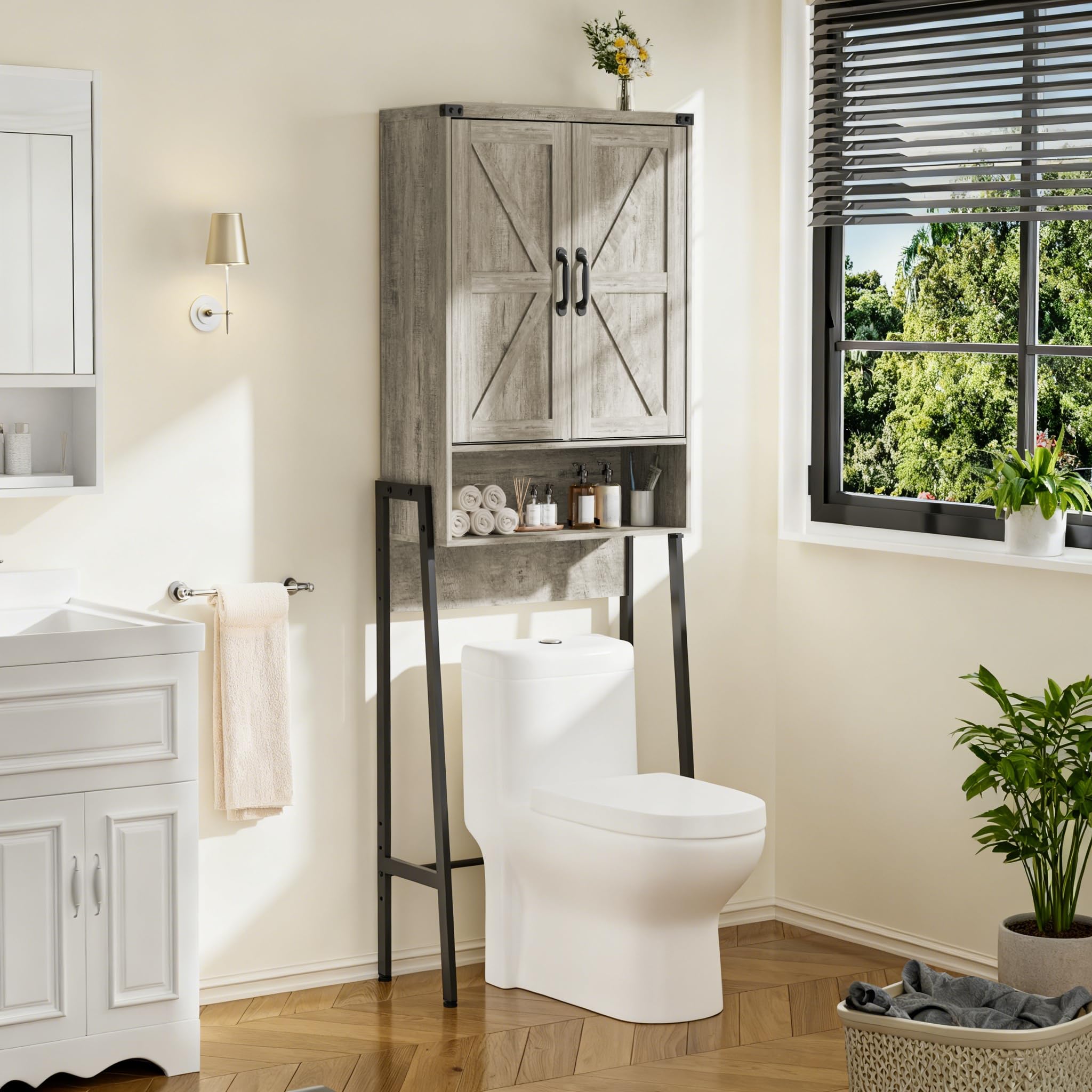 BonVache Estantería para inodoro con puertas, estantería de baño con 6 estantes, estantes para lavadoras pequeñas, armario para baño, 171 x 59,6 x 25,3 cm, gris