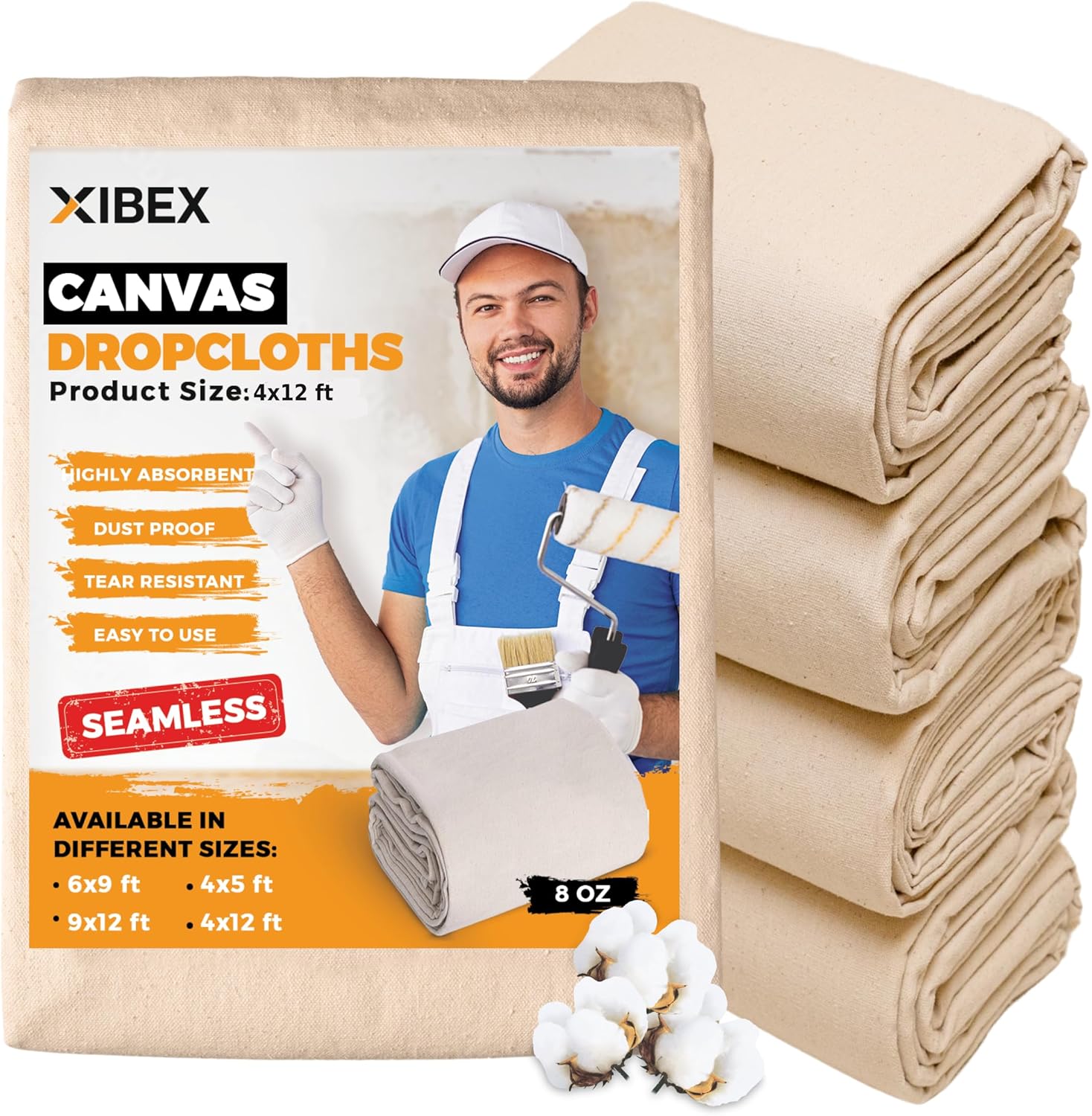 Canvas Drop Cloth for Painting (4x12) ft with Thick Texture | Sturdy Multi-Purpose Painting Drop Cloth Canvas for Curtains, Furniture & Floor Protection, Pack of 4 Drop Cloths for Painting Canva 4x12 - Pack 4