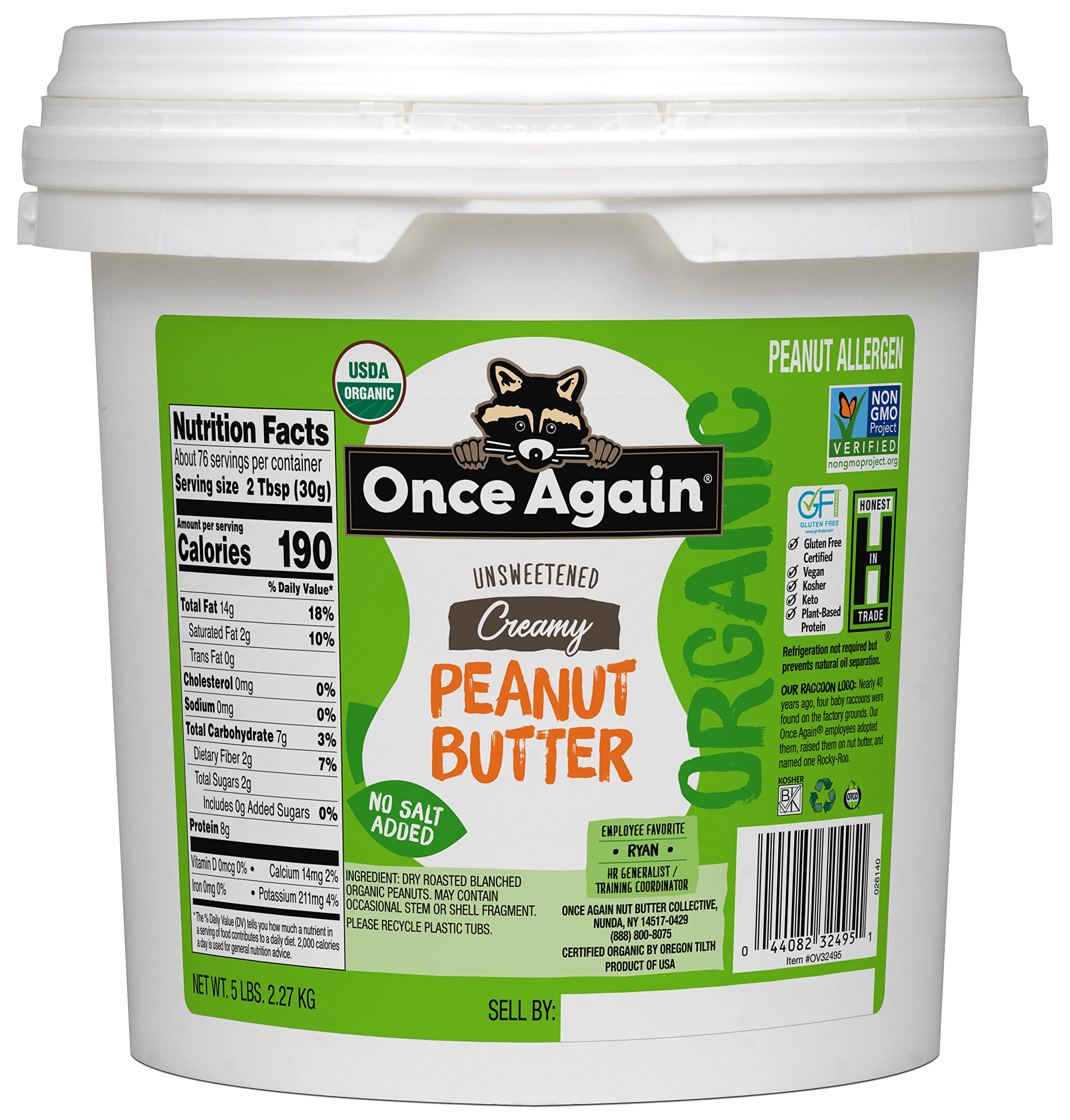 Once Again Organic Creamy Peanut Butter, 5lb Pantry Pal (same as 5 jars) - Salt Free, Unsweetened - USDA Organic, Gluten Free Certified, Vegan, Kosher