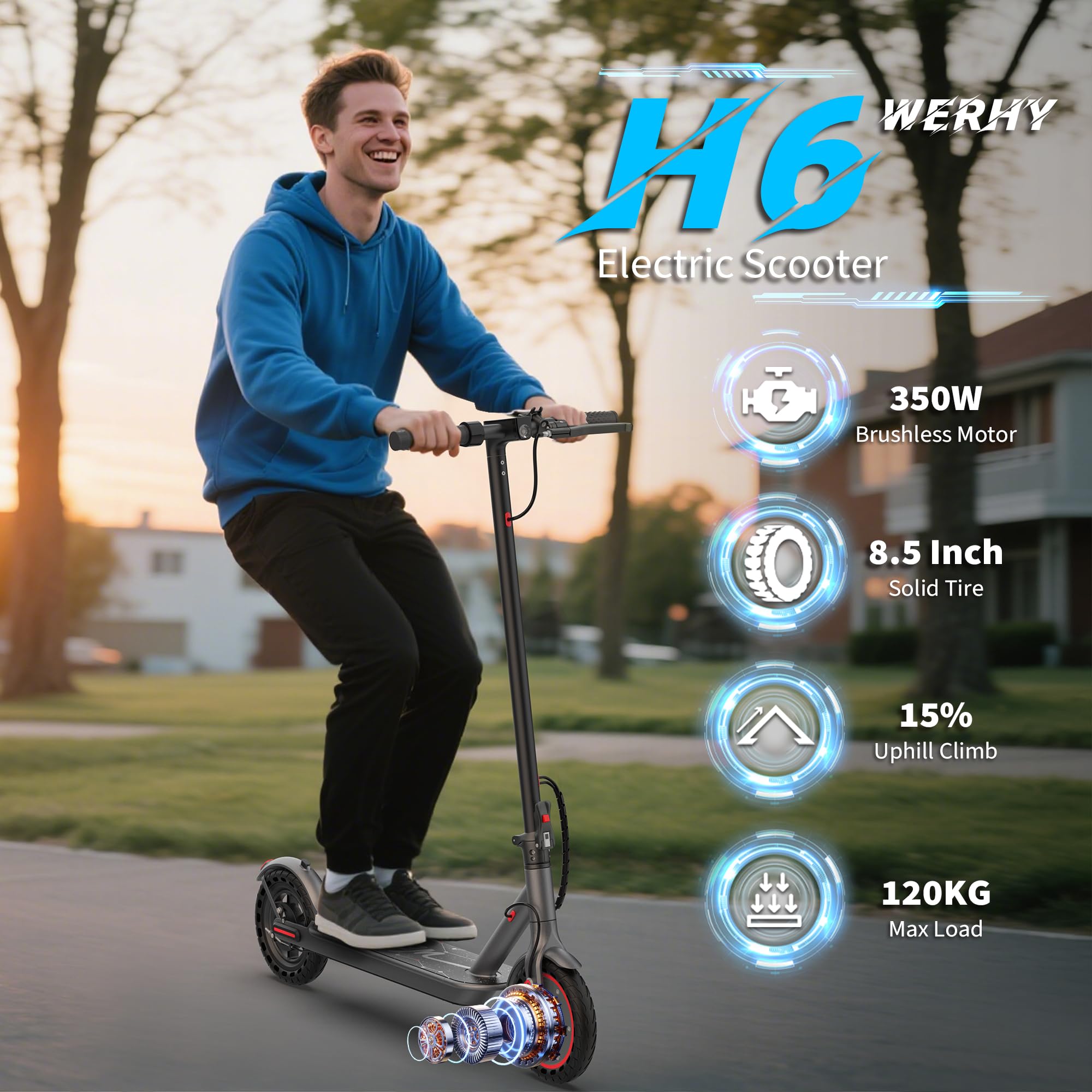 WERHY Electric Scooter for Adults & Teens, 500W/350W Motor, 25/30/35 Km Long Range & 30/35 Km/h Max Speed, 10"/8.5" Solid Tires, Folding Commuter E-Scooter with Cruise Control, Dual Brake - 3
