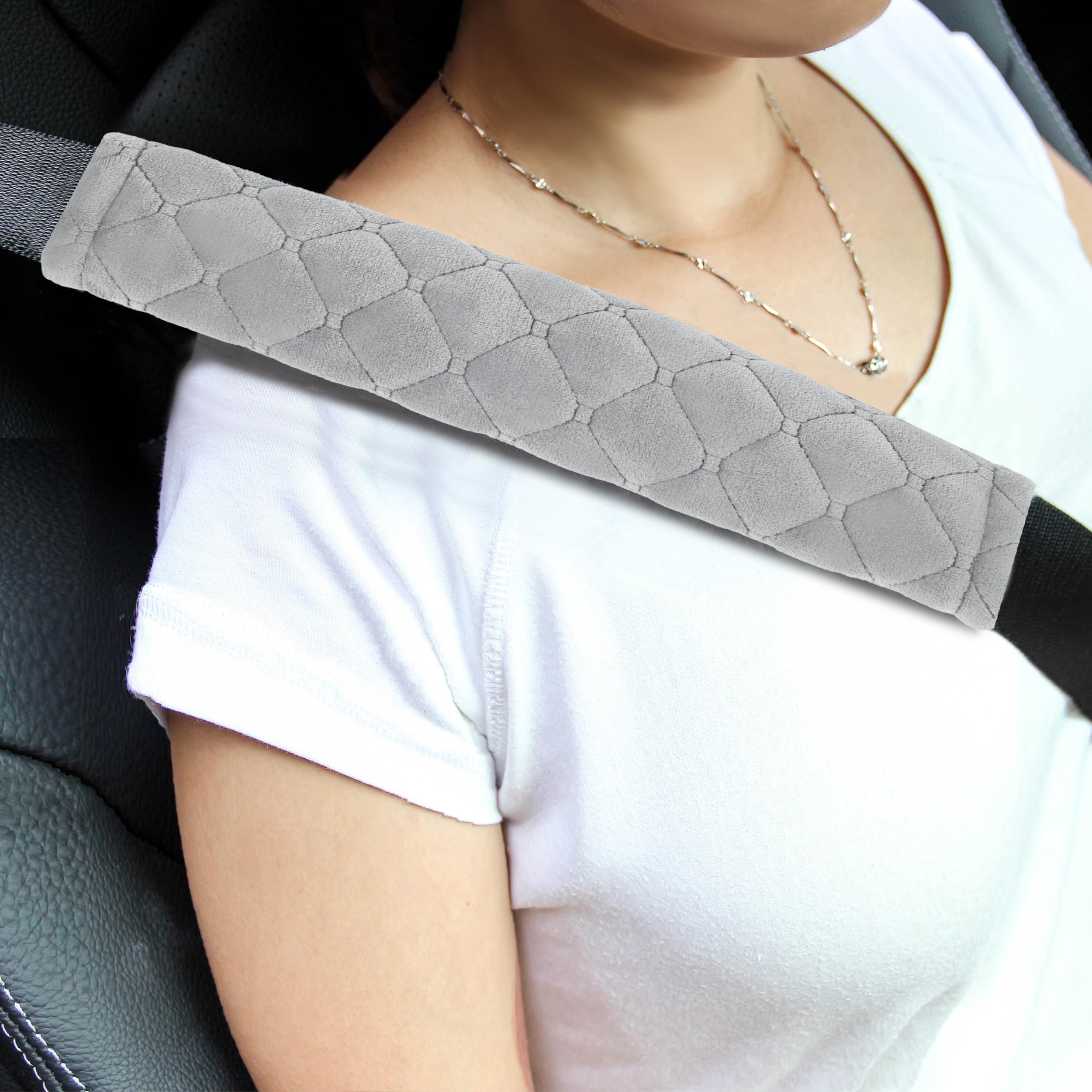 Amooca Soft Automotive Seat Belt Cover Seatbelt Shoulder Pad Neck Protector Cushions Universal Fit SUV Trucks Backpack 2 PCS Light Grey 10.2in