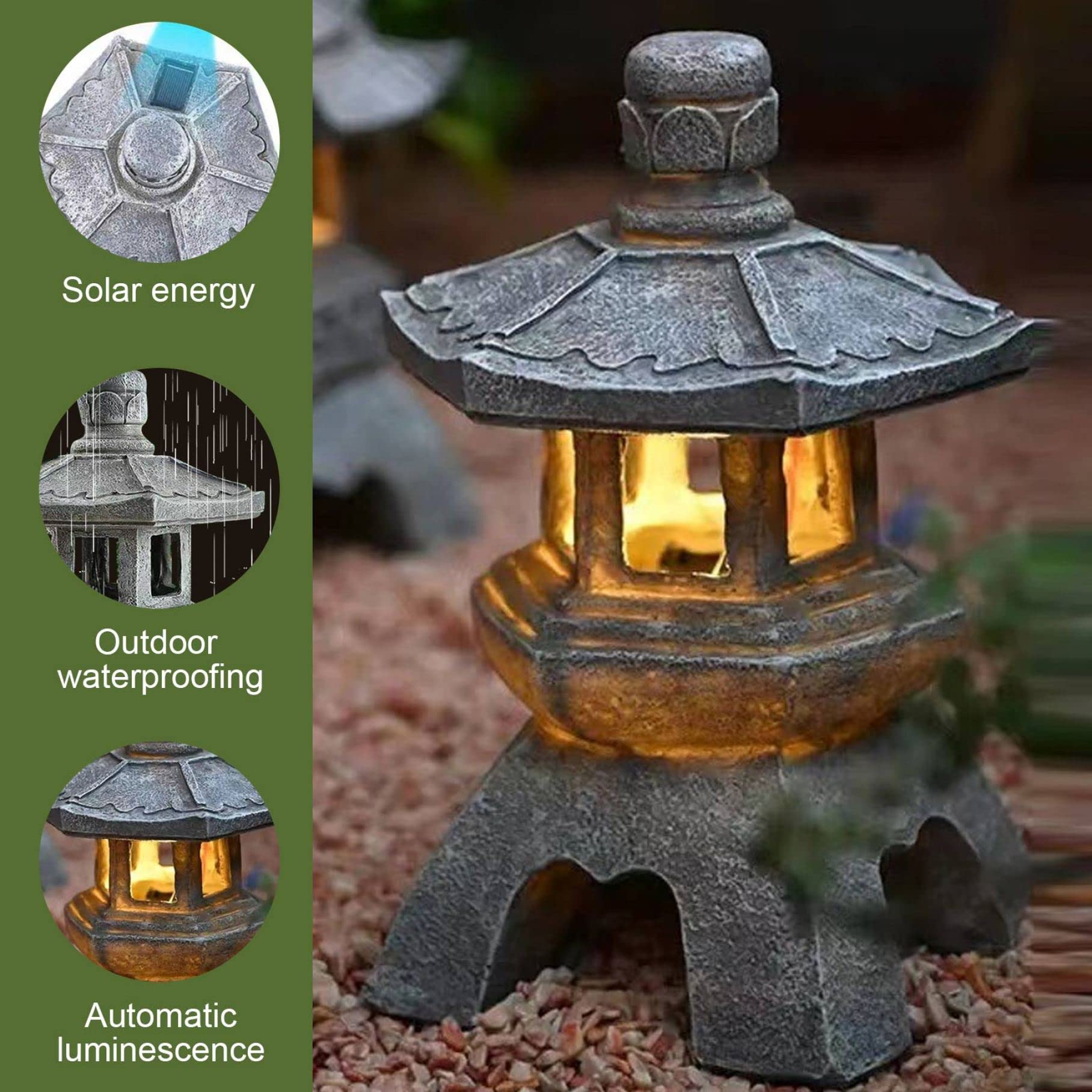 Decoración de jardín, estatua de jardín de pagoda, estilos japoneses, impermeable, estatuas de jardín solares de resina, resistentes a los rayos UV, adornos de jardín al aire libre para patio,