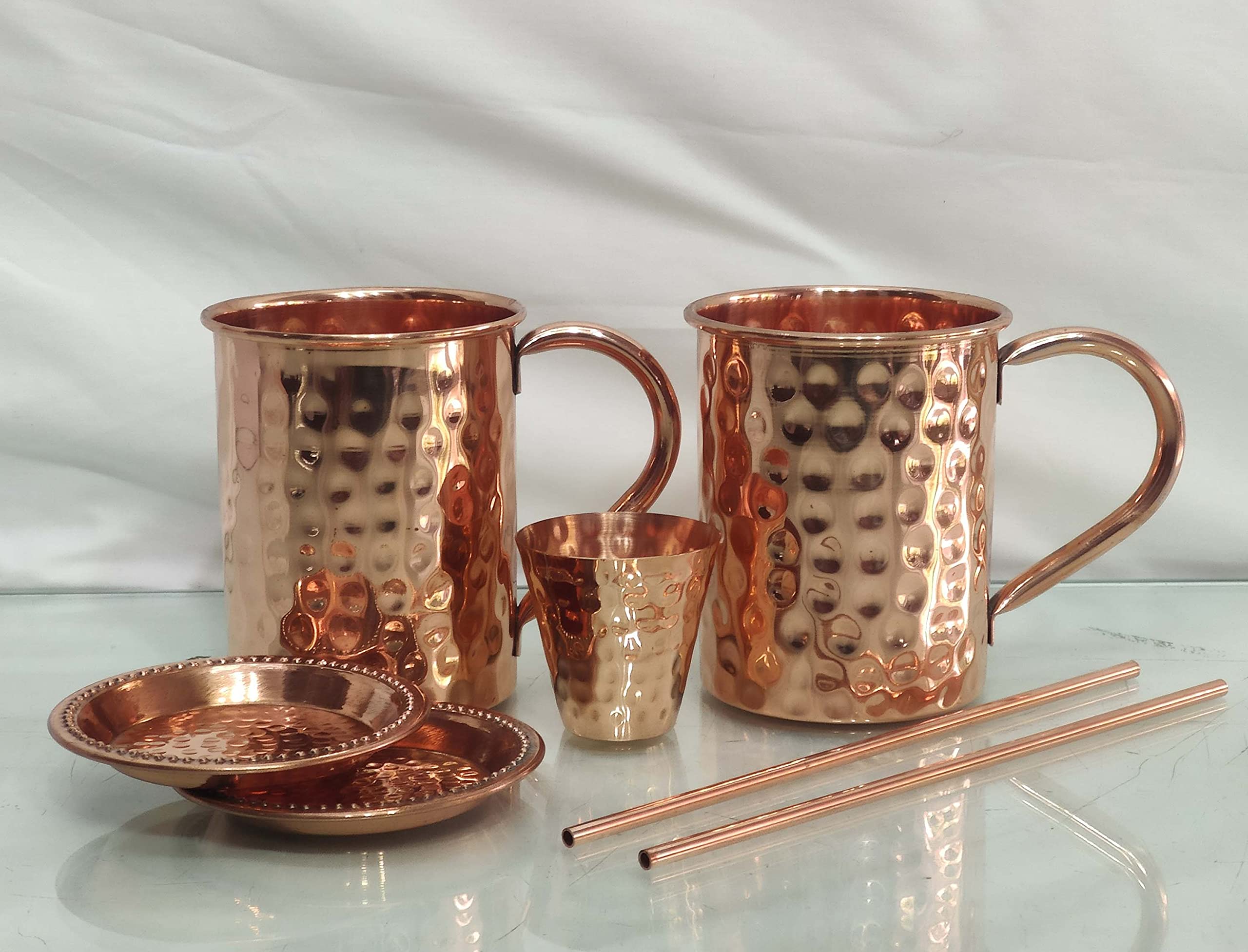 Custeel Creation Traditional Fiber Moscow Mule- Copper Mugs -Set of Two - Includes 2 x 16oz Mugs- 2 x Coasters- 2 x Straws-1 x Shot Glass/Cup in Gift Box - 100% Copper - Roosevelt Style Drinking Mug