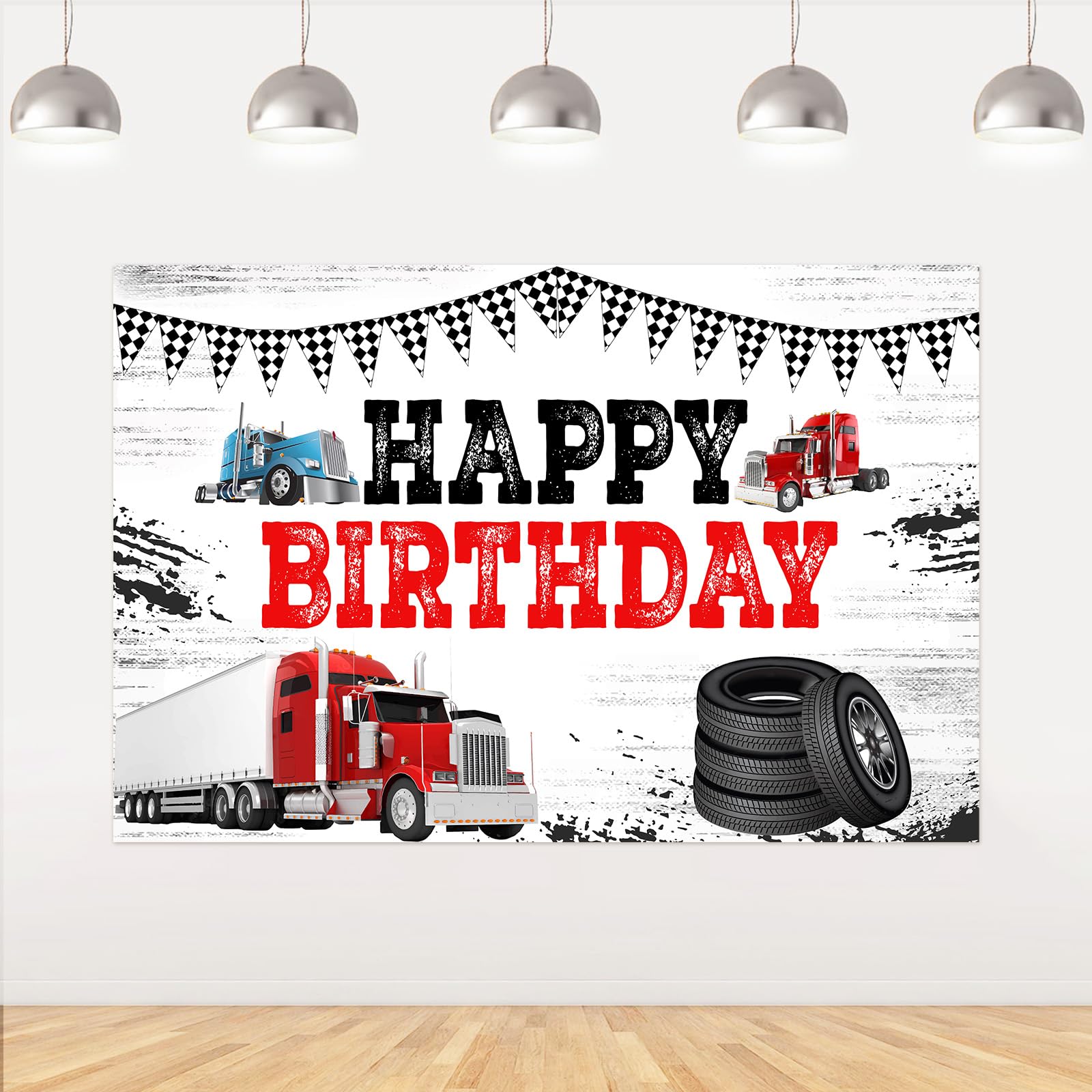 Jollyboom Truck Theme Birthday Party Decoration, Semi Truck Happy Birthday Backdrop Banner 5×3ft Heavy Truck Car Background Props for Truck