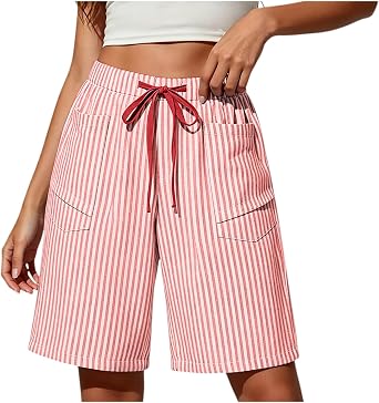 YMADREIG Womens Linen Striped Bermuda Shorts Casual Elastic Waist Summer Vacation Knee Length Beach Shorts with Pockets