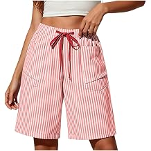 YMADREIG Womens Linen Striped Bermuda Shorts Casual Elastic Waist Summer Vacation Knee Length Beach Shorts with Pockets
