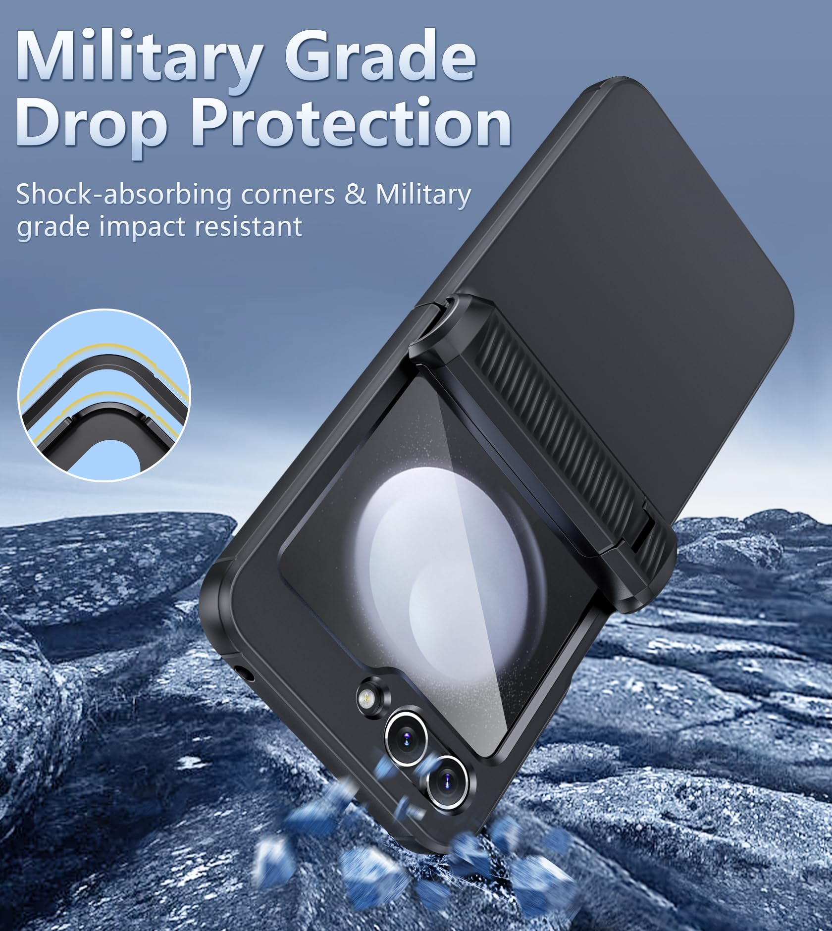 FNTCASE for Samsung Galaxy Z-Flip-5 Case: Rugged Shockproof Samsung Flip 5 Case with Kickstand & Hinge Protection, Slim Full Body Drop Protective Hard Phone Cover for Samsung Z Flip 5 5G(2023) Black