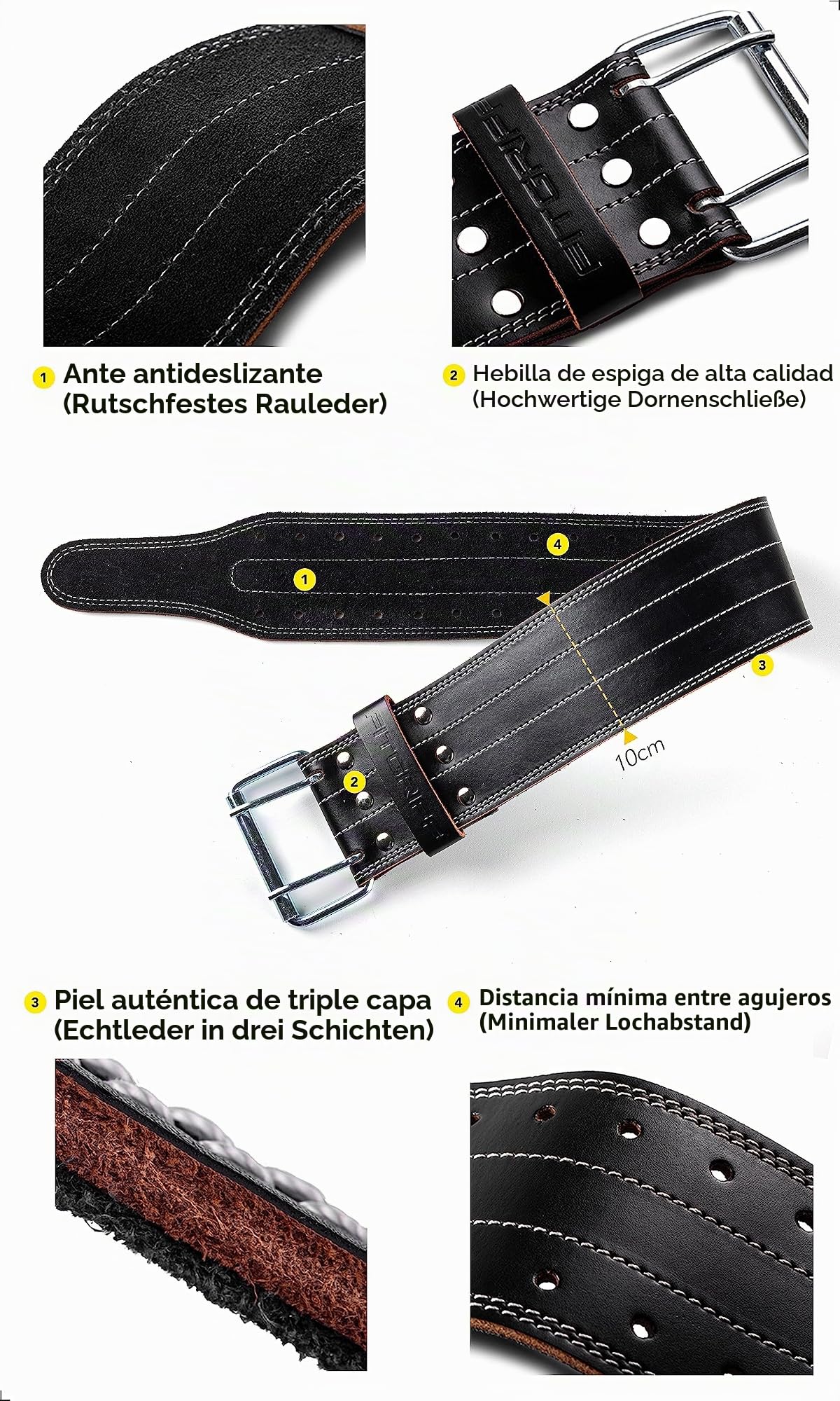 Fitgriff® Cinturon Lumbar Cuero - Cinturón para Gimnasio, Powerlifting, Gym, Lastre, Halterofilia, Levantamiento Pesas - Mujer y Hombre - Leather Weightlifting Belt